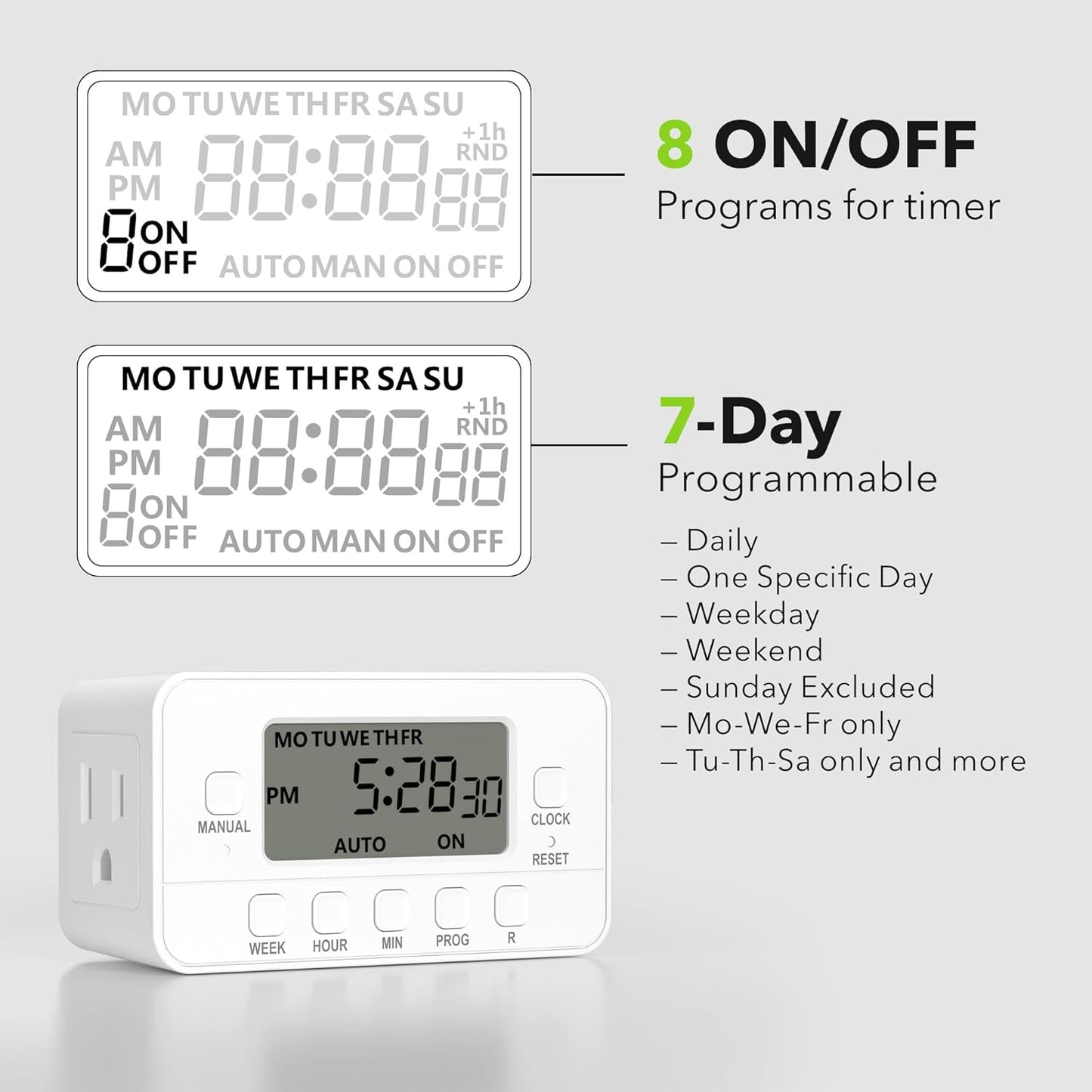 BN-LINK 7-Day Heavy Duty Digital Timer with Dual Outlet, LCD Display, 3-Prong Programmable Design, for Lights, Fans, Coffee Machine, Home, Office, Indoor Use, 125V 15A 1875W, 2 Pack