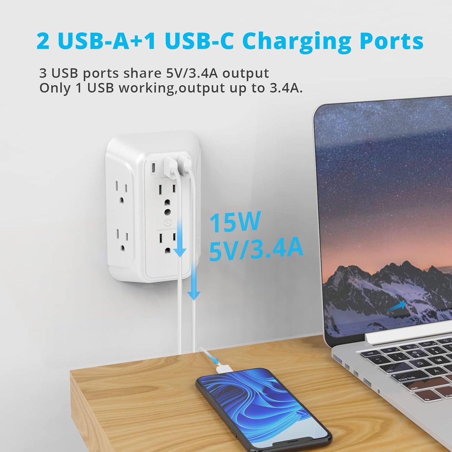 [2-Pack] USB Wall Charger,Surge Protector,6 Outlet Extender with 3 USB Charging Ports(1 USB C Outlet,3.4A) 900J Power Strip Multi Plug Outlets,Wall Mount Power Strip for Home Travel Office ETL Listed