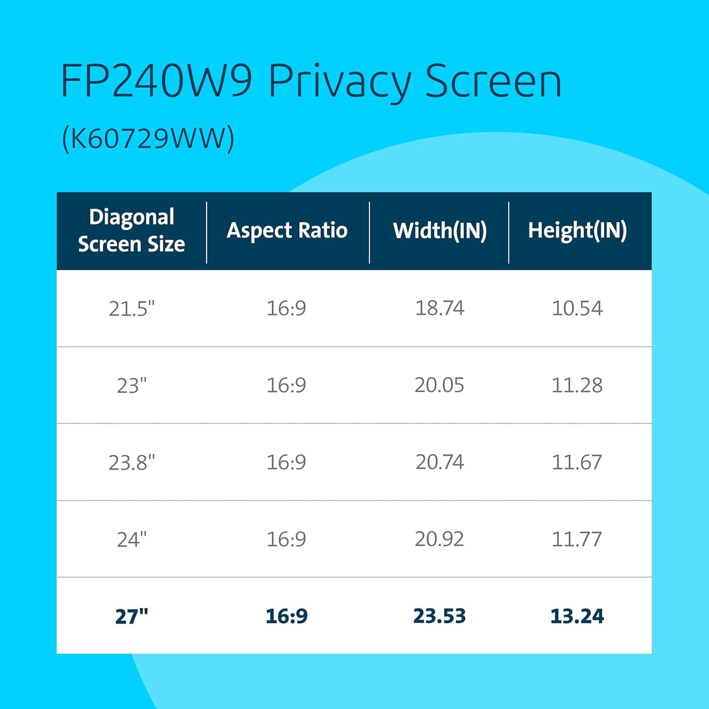 Kensington 27 inch Computer Privacy Screen for Desktop, 16:9 Widescreen Monitor, FP270W9 Anti-Glare Blue Ray Reduction Computer Privacy Filter, Matte and Glossy Viewing Options, K55414WW