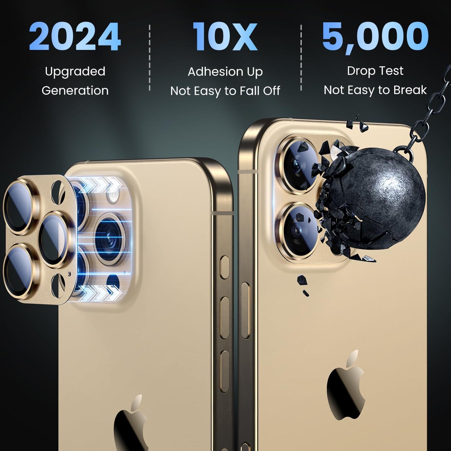 Uyiton Compatible with iPhone 16 Pro/iPhone 16 Pro Max Camera Lens Protector - [Not Easy to Break][Strong Adsorption][Case-Friendly] Metal Tempered Glass Rear Camera Screen Cover - Gold, 2 Pack