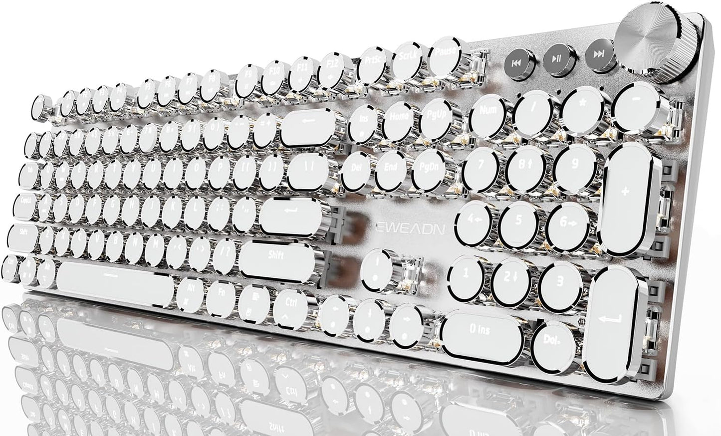 EWEADN Typewriter Style Mechanical Gaming Keyboard, Wired Mechanical Keyboards,104 Keys Backlit LED Keyboards, Media Control Knob, Wired Computer Keyboard Pink Switch for Windows/Mac/PC-White