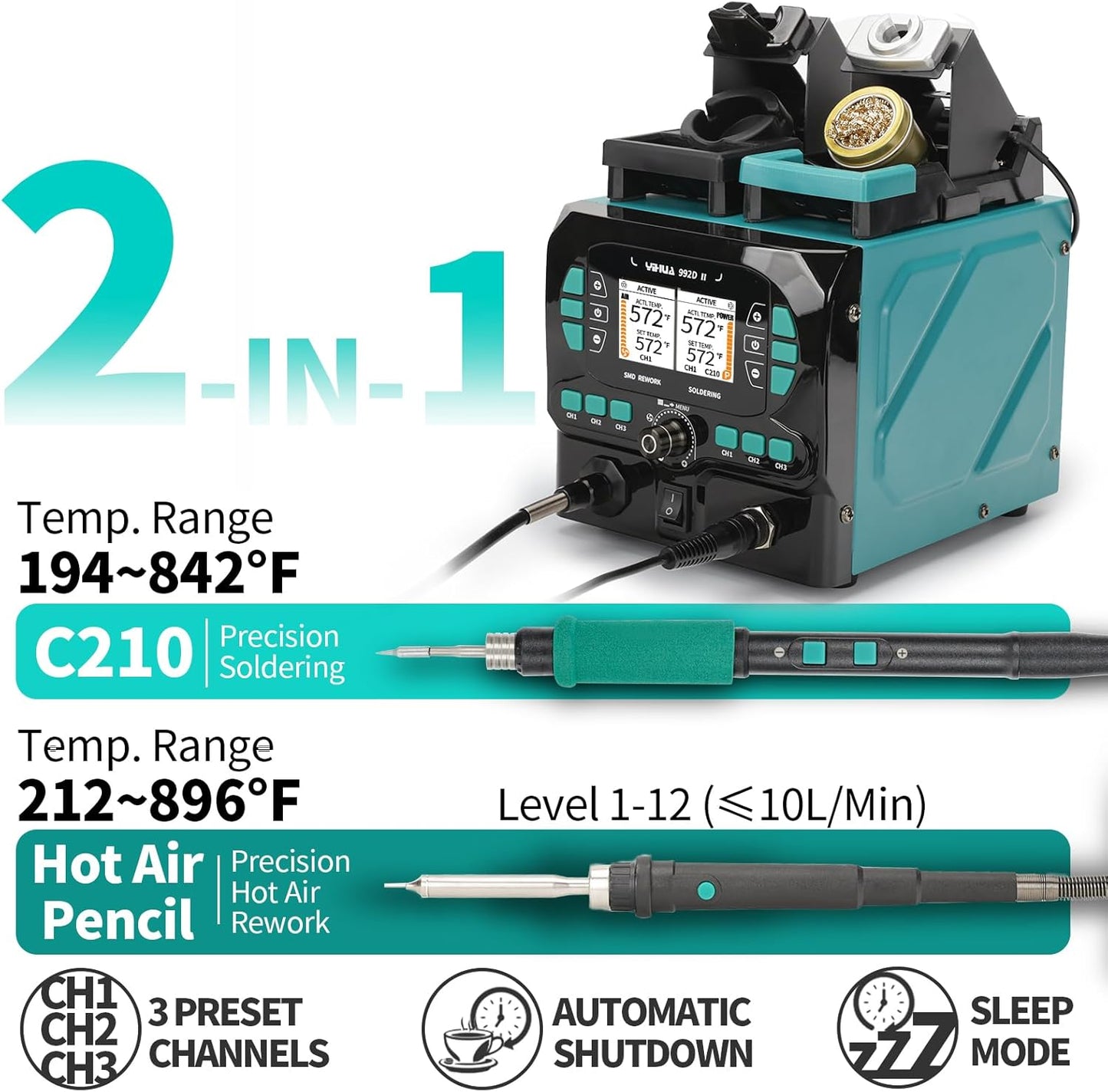 YIHUA 992D-II 2-IN-1 Precision Soldering Kit with Hot Air Pencil and C210 Soldering Iron, Precision Soldering Station with Dynamic LCD Display, Low-Wear Mode, 3 Preset Channels, 8 Hot Air Nozzles