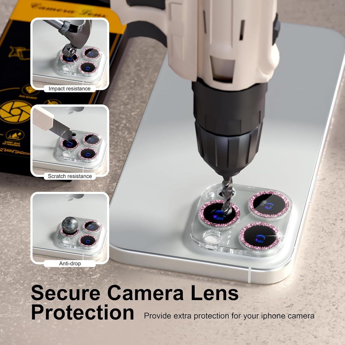 beuxece for 6 Pack iPhone 15 Pro/iPhone 15 Pro Max Camera Lens Protector [Drop Protection] [Case Friendly] [Easy Installation] 9H Tempered Glass Camera Screen Protector Cover, Glitter Pink