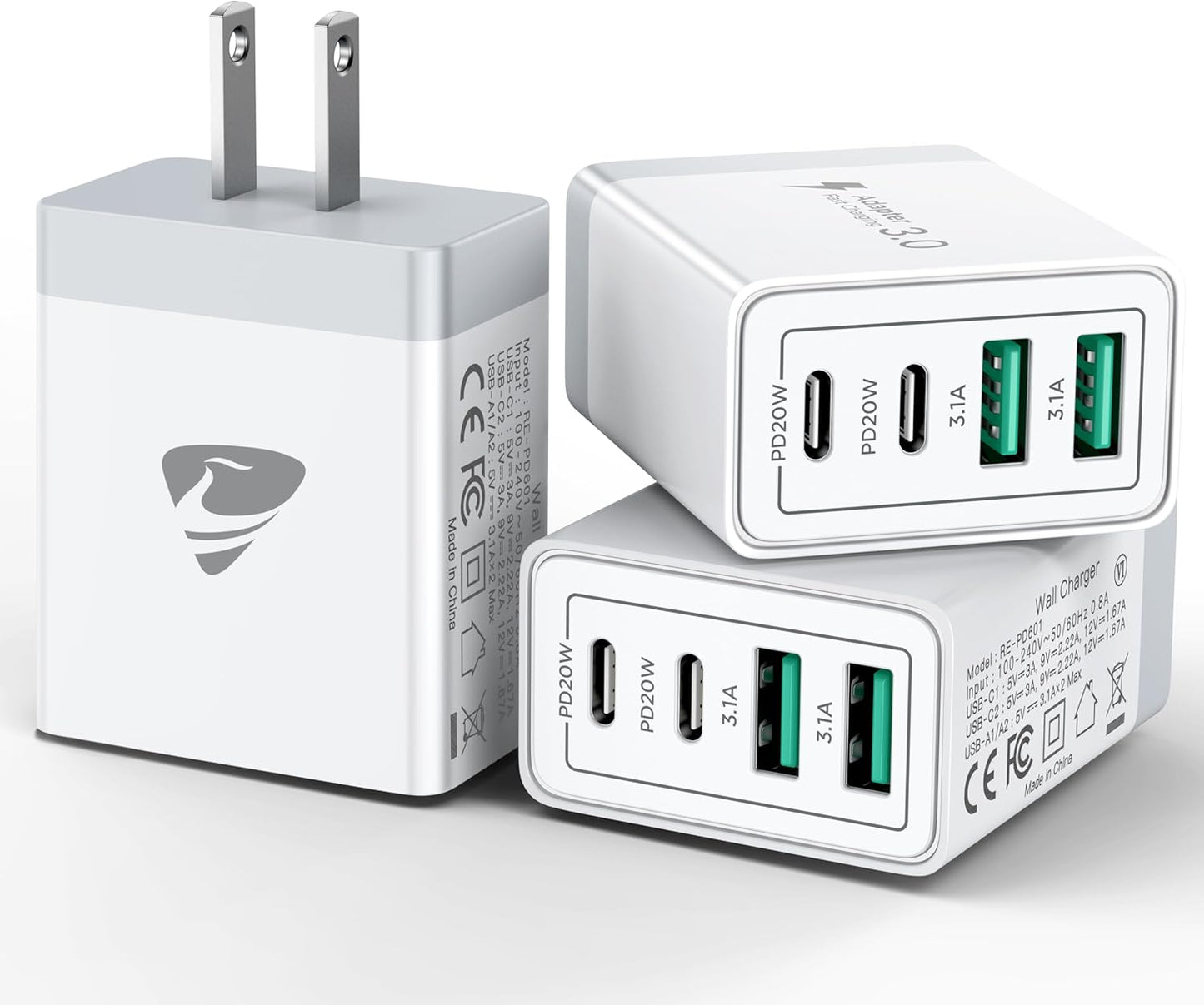 USB C Wall Charger Block 3-Pack, Aiminu 40W 4-Port PD Power Delivery Fast Type C Charging Block Plug Adapter for iPhone 15 14 13 12 11 Pro Max, XS/XR/X, iPad, Android Phones Charger Cube