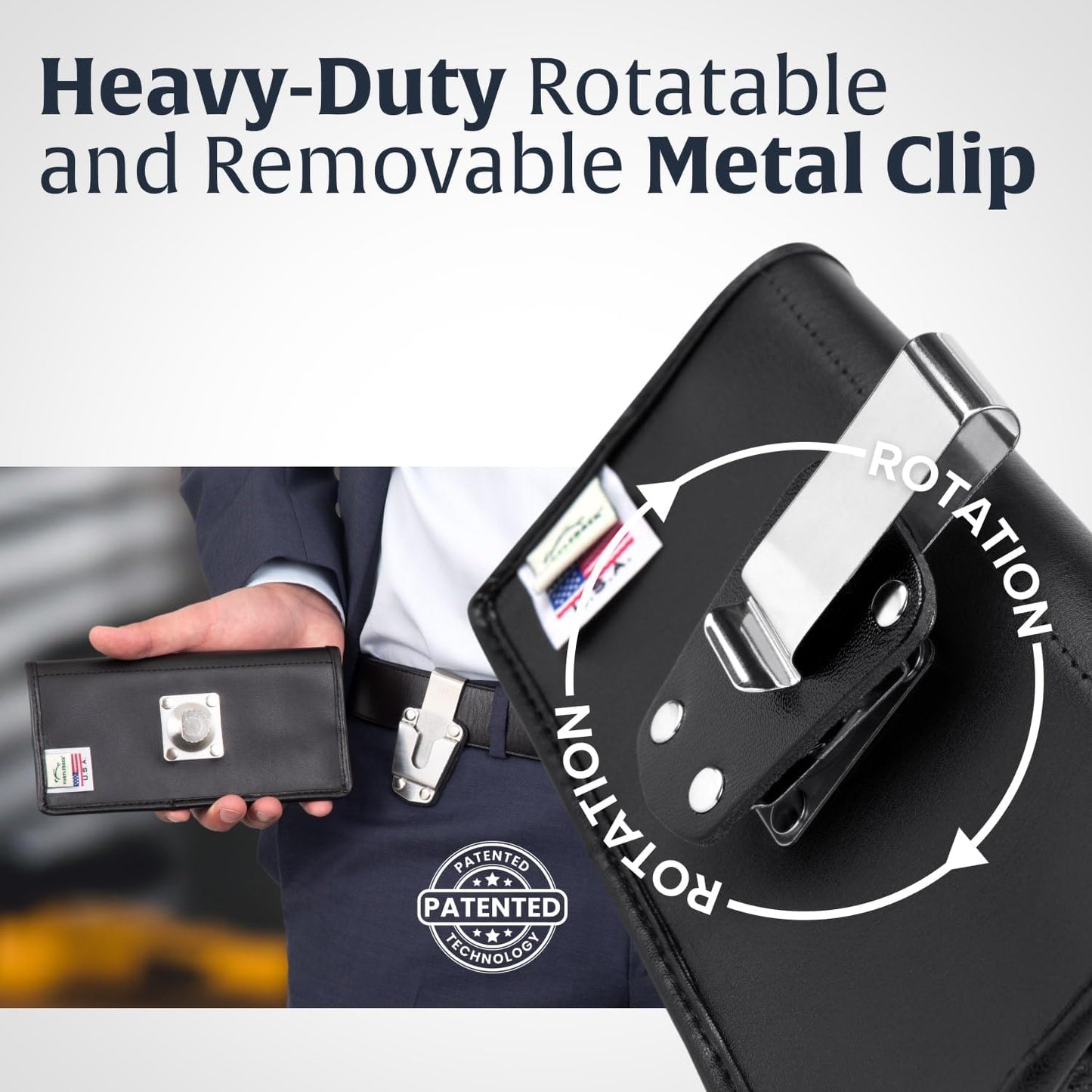 Turtleback Belt Clip for iPhone 16 Pro Max, 15 Pro Max, 14 Pro Max -Large- Fits w/Defender Bulky Style Cases, Premium Black Leather, Horizontal Belt Holder, Magnetic Closure, HD Rotating Clip