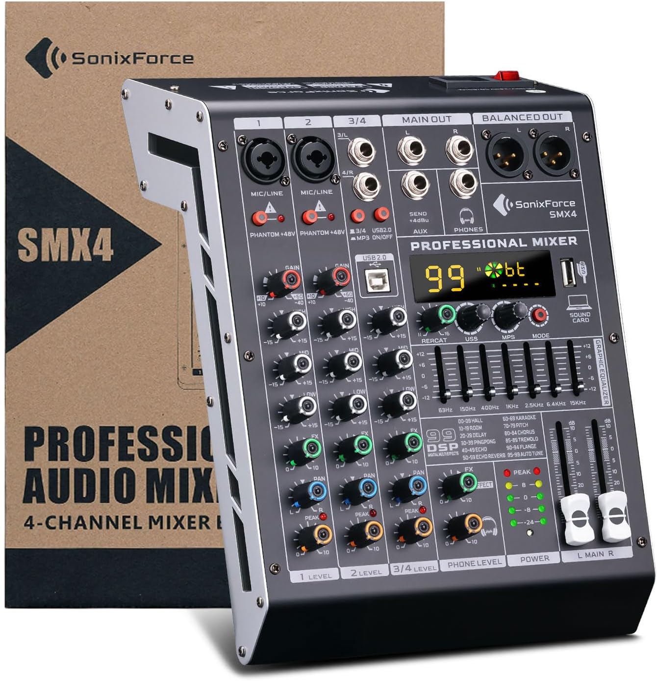 Professional Audio Mixer 4 Channel Sound Board Console System 99 DSP DJ Mixer 48V Phantom for Karaoke DJ Studio Streaming Recording