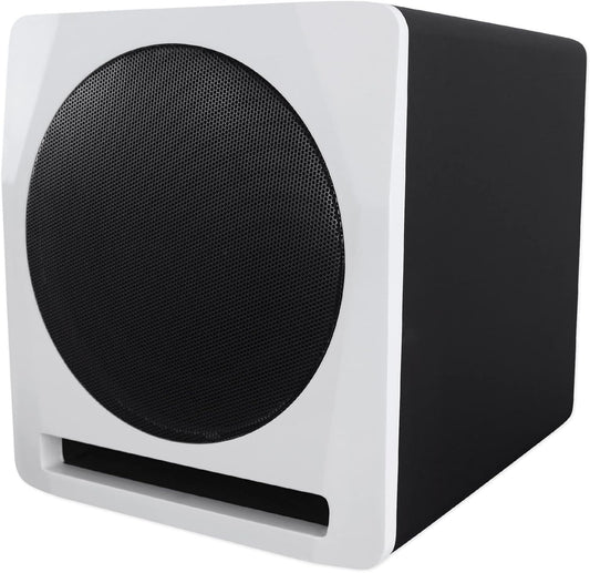 Rockville APM10W Active Studio Subwoofer in White, 10", 400W, MDF Wood, RCA/XLR/Optical, Front-Firing Port, Perfect for Studios and Music Production