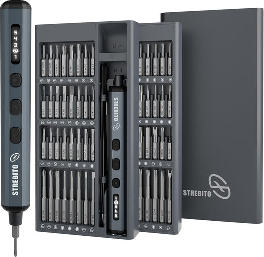 STREBITO Mini Electric Screwdriver Set, 70-in-1 Max Precision Electric Screwdriver Kit with Lights, 5 Upgraded Torque Levels, 64 Magnetic Bits, Electric Screwdriver Cordless for PC RC Electronics