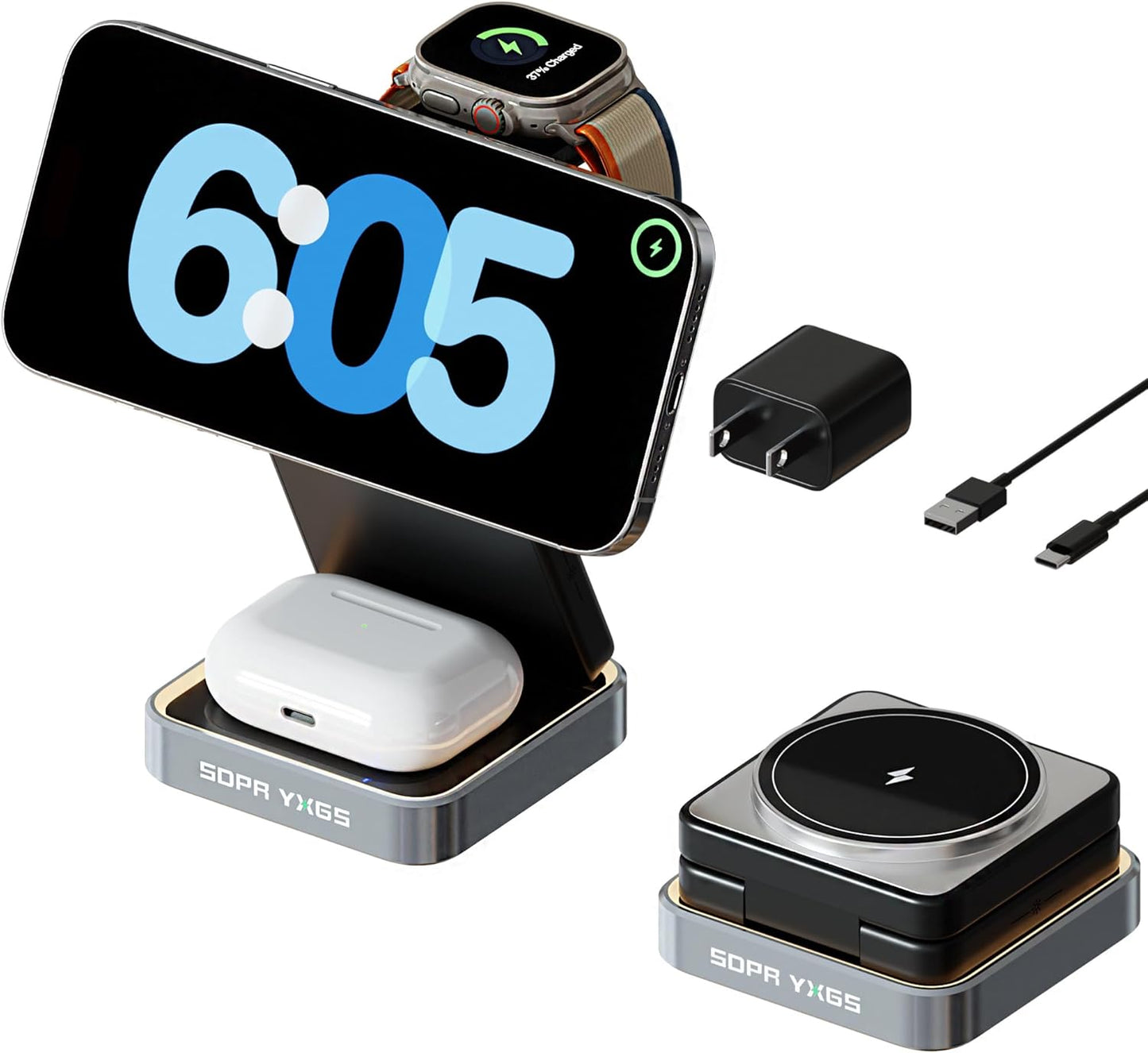 2025 Upgraded 3-in-1 Magnetic Wireless Charger,Charging Stand,Charging Station,for iPhone 12-16,iWatch,AirPods,Ultra-Safe, Foldable, with Adjustable Night Light & Included Adapter