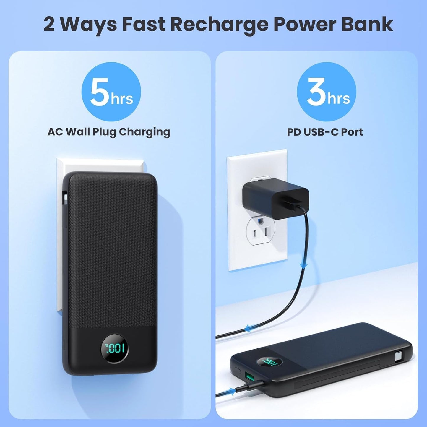 Portable Charger USB C Power Bank with 2 Built in Cables & AC Wall Plug,13800mAh Portable Battery Pack Fast Charging Compact LED Display Universal Compatible with iPhone 16/15,Galaxy S23,Tablets etc