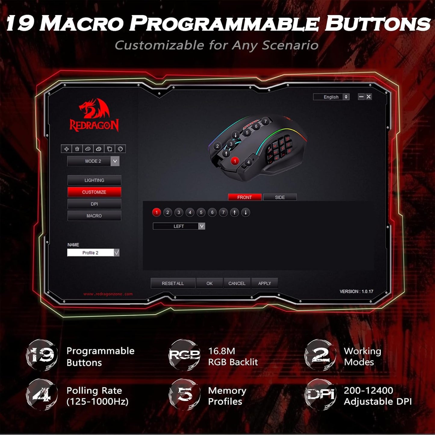 Redragon Gaming Mouse, MMO Mouse Gaming UP 12400 DPI, 19 Macro Programmable Buttons, RGB Mouse with 12 Side Buttons, 8 * 2.4g Weight Tuning for PC Laptop MOBA FPS, M901K, Black
