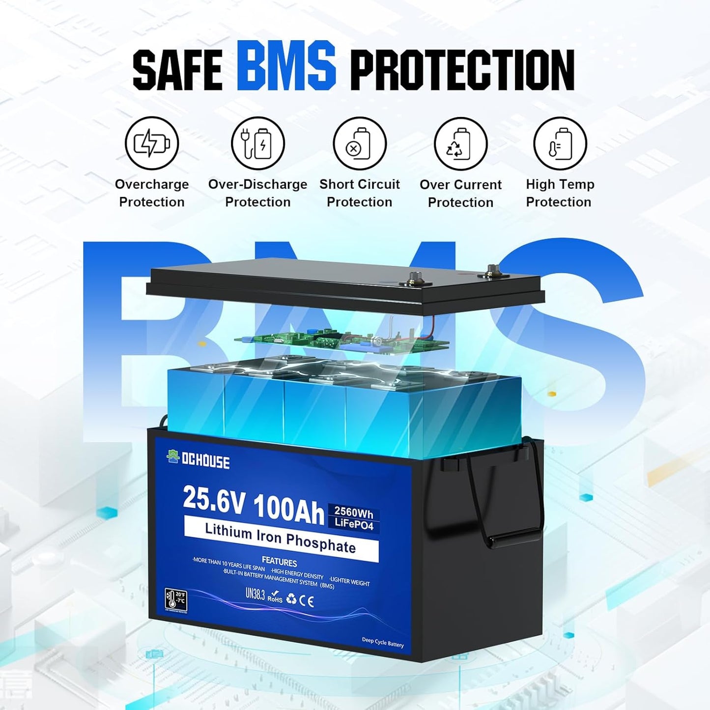 DC HOUSE 24V 100Ah LiFePO4 Lithium Battey, Low Temp Cut-Off BMS, Up to 15000 Cycles, Perfect for Trolling Motors, Marine, Boat, RV, Camper, Home Energy Storage