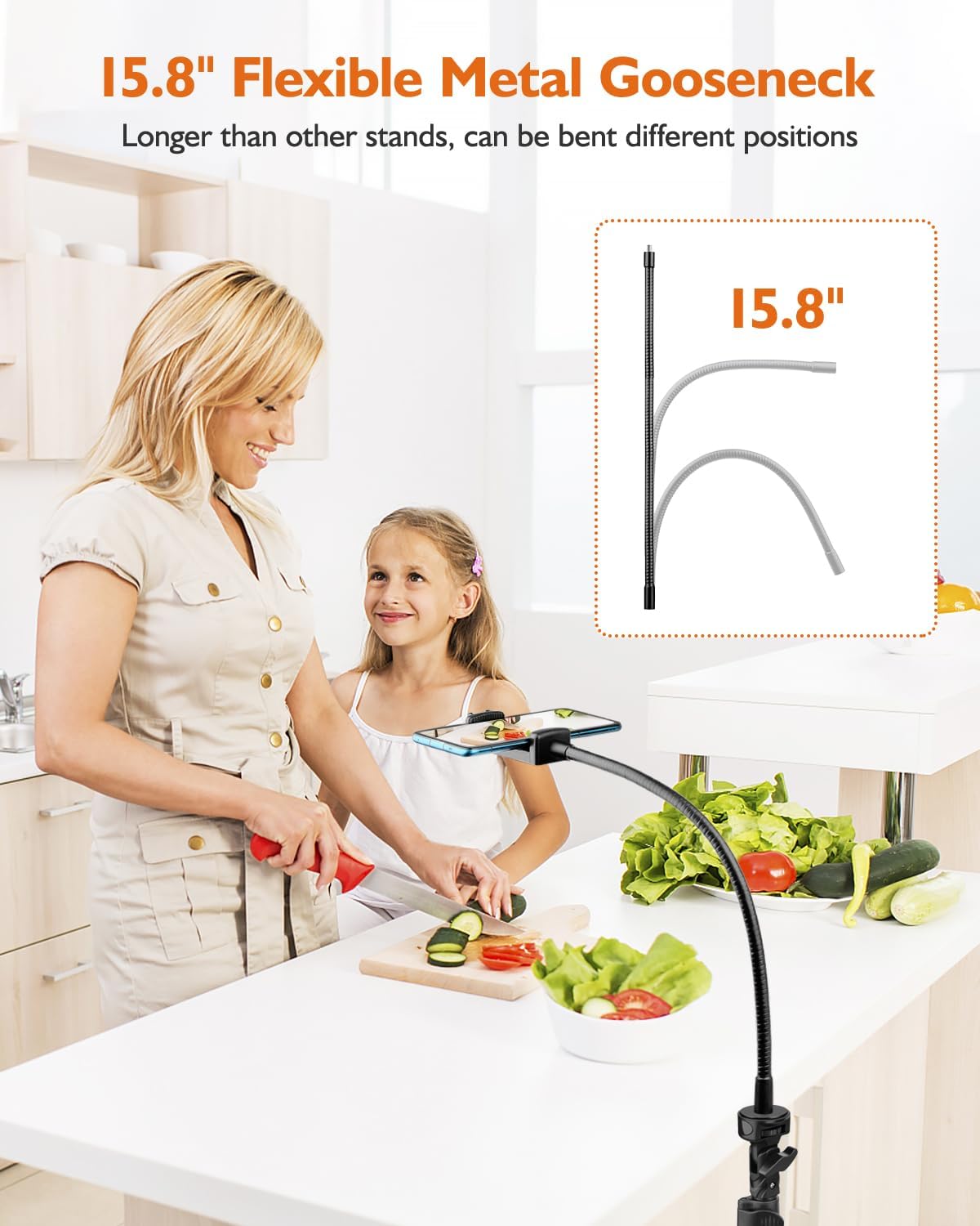 Phone Tripod, 85" Tall Tripod for iPhone with Gooseneck and Remote, Overhead Phone Stand for Recording Watching Cooking Fitness Vlog, Compatible with iPhone Android, Black