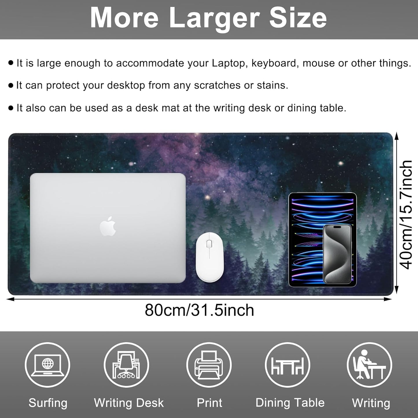 Mouse Pad, Large Galaxy Space Forest Desk Mat, Extended Non-Slip Gaming Keyboard Mousepad Desk Pad, Thick Stitched Edges Waterproof Mouse Mat 31.5"x15.7" (Night Sky Forest)