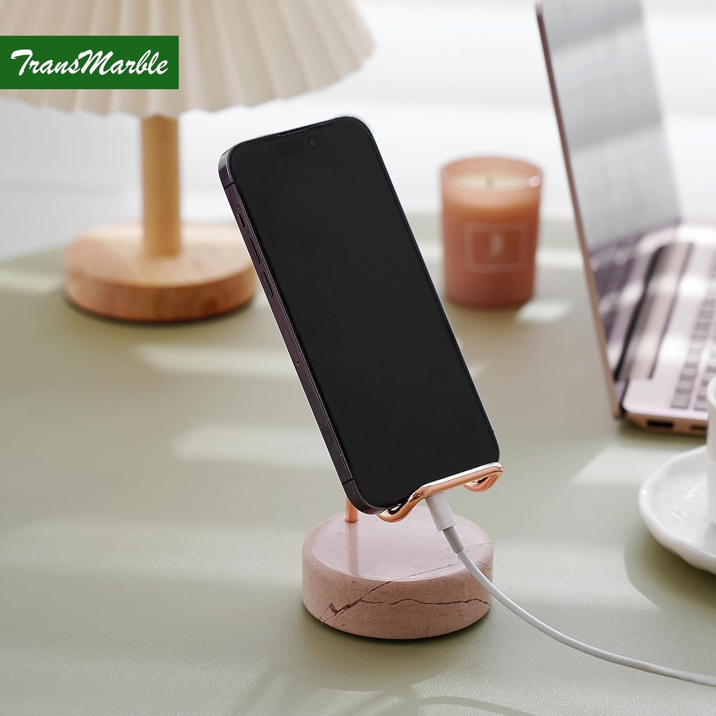 Marble Phone Stand with Metal Holder, Charging Available While Using, Swipe Up to Unlock, Made of Natural Marble as Business Card Holder for Office Desk (Rose Pink + Rose Gold)