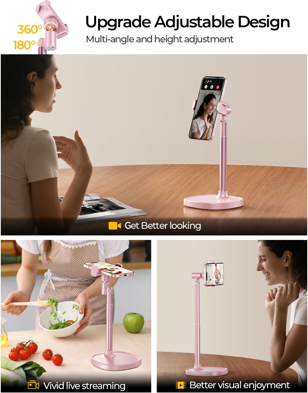 DIMONCOAT Phone Stand for Desk, Angle Height AdjustablePhone Holder for Desk, Aluminum Alloy Universal iPhoneStand Holder, Retractable Cell Phone Stand Recording Office for iPhone 16 15 Pro Max -Pink