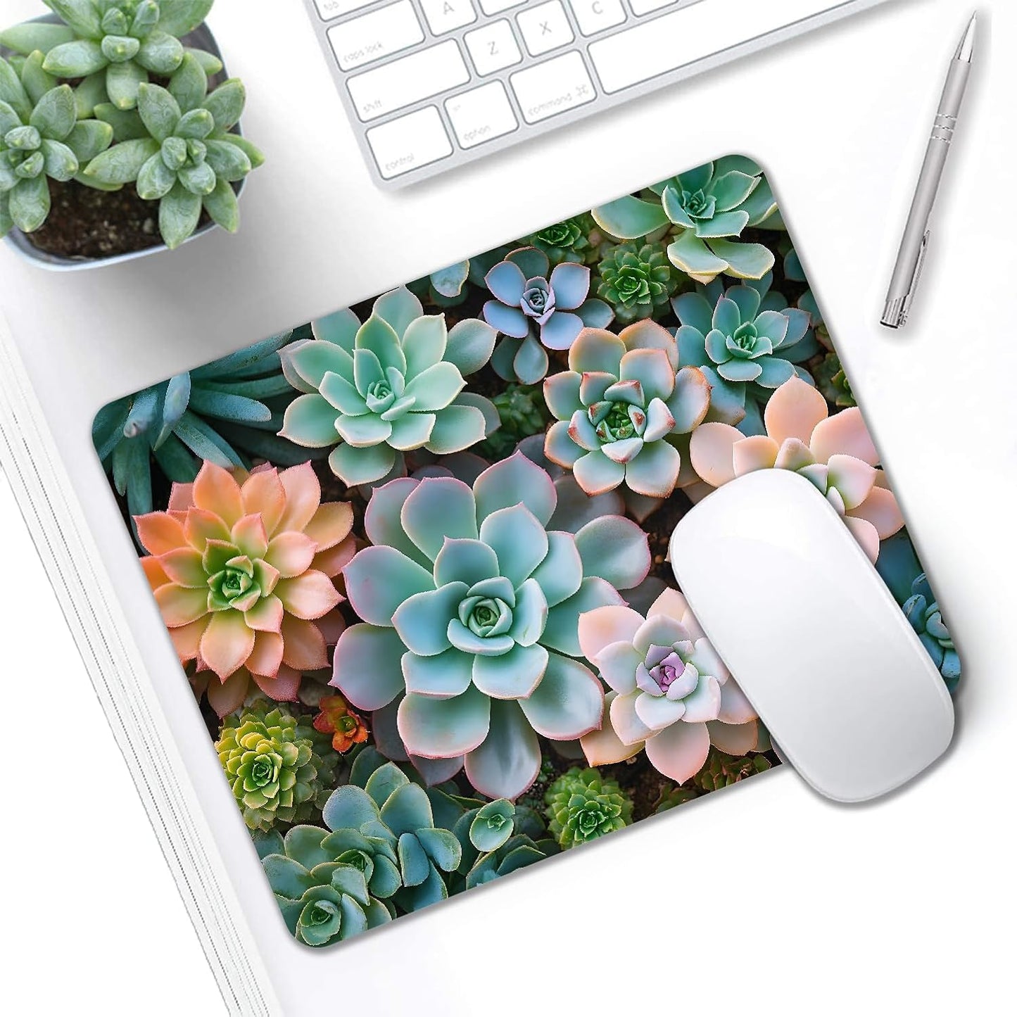 Mouse Pad, Cute Succulent Plants Mouse Pads for Desk, 9.5" x 7.9" Non-Slip Rubber Base Computer Mousepad with Women, Portable Square Design for Wireless Mouse and Pad Laptop Office & Travel