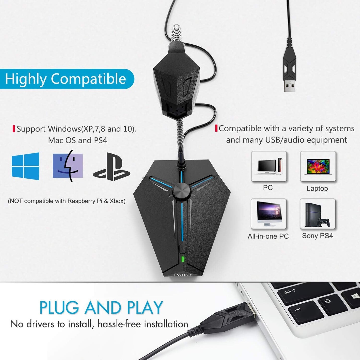 CMTECK Computer Microphone, G006Plus USB Desktop Condenser PC Laptop Mic, Mute Button with LED Indicators, Compatible with Windows/Mac (with Volume Knob)