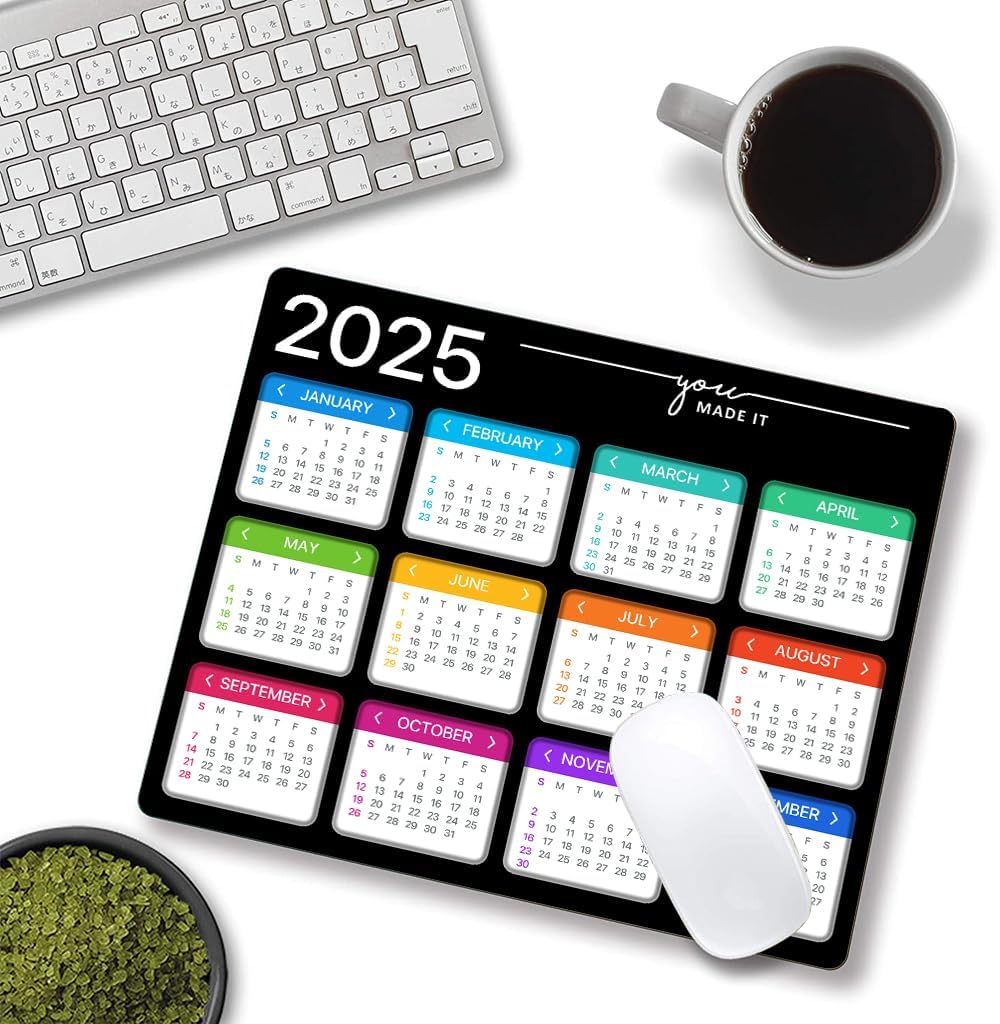 Hokafenle Mouse Pad, Black 2025 Calendar Mouse Pad, Premium-Textured Square Waterproof Mouse Mat Non-Slip Rubber Base MousePads for Office Laptop Home