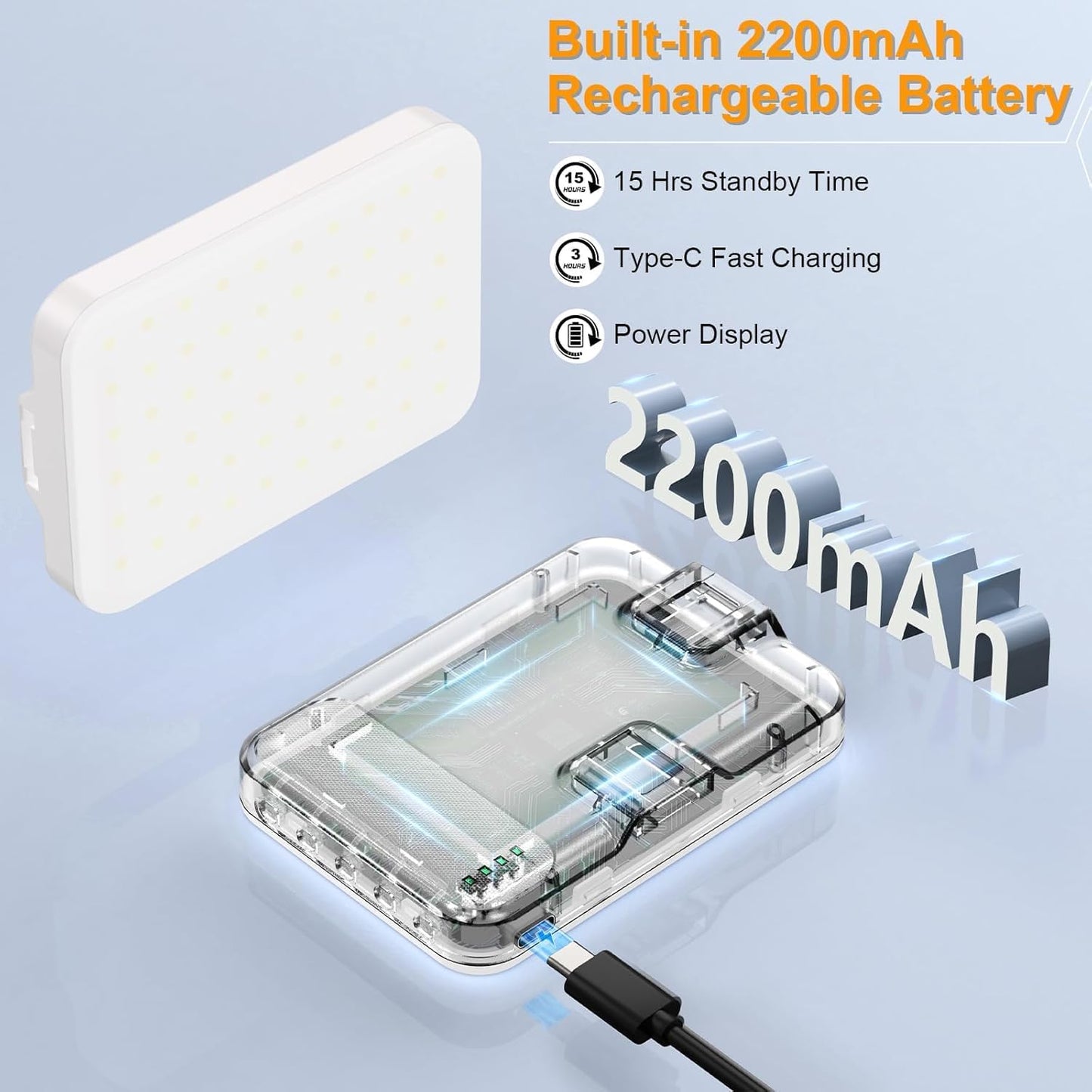 Selfie Light, LED Camera Light Video Lights 60 LED 2200mAh Rechargeable Phone Light 7 Modes, 10-Level Brightness, Portable Clip on Light for Phone/Tablet/Laptop White