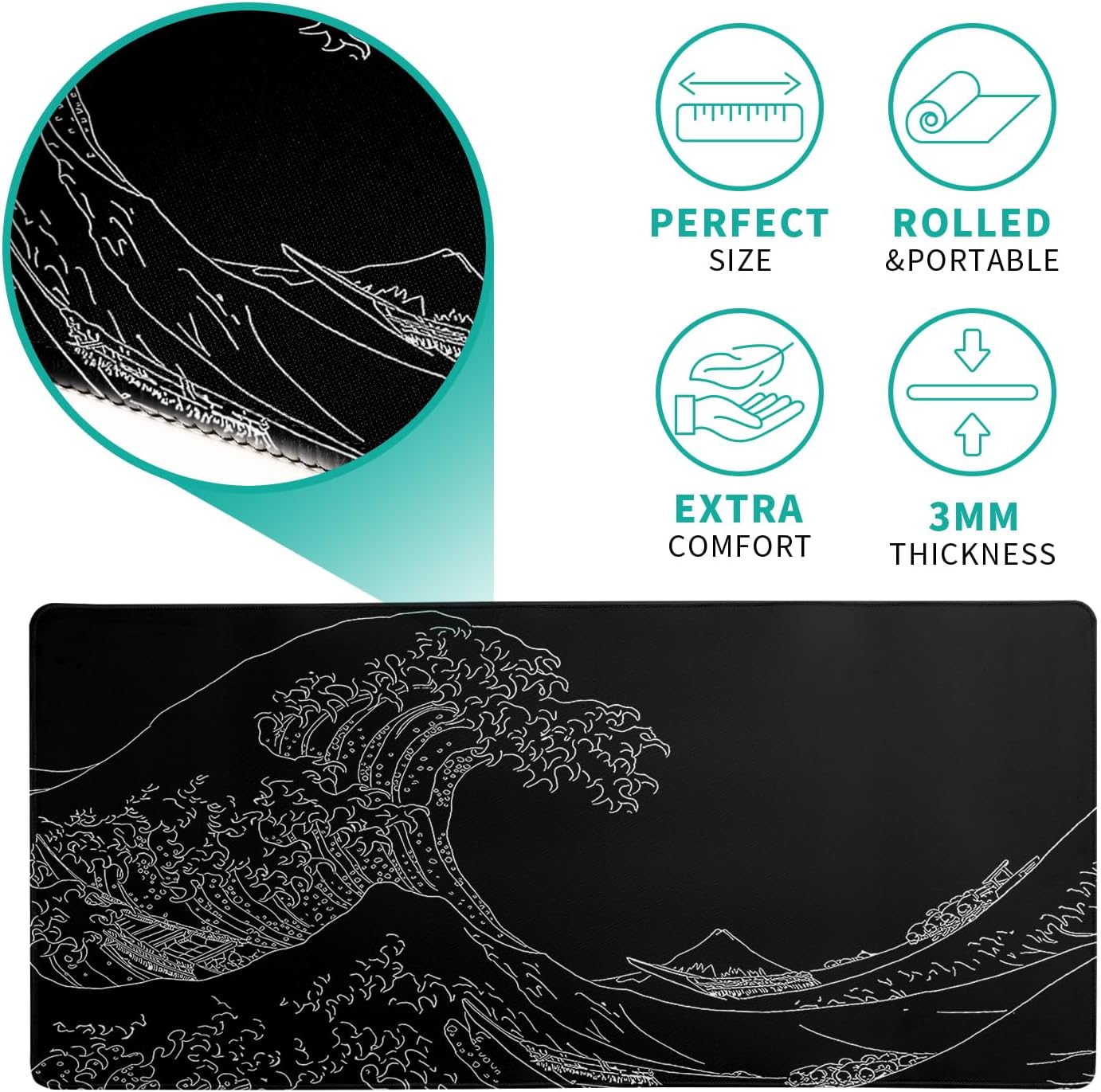 Japanese Sea Wave Large Mouse Pad Abstract Black Mouse Pad 31.5x11.8 Inch Black Kanagawa Texture Non-Slip Rubber Base Large Ocean Mousepad Stitched Edge Keyboard Mouse Mat Desk Pad for Office and Home