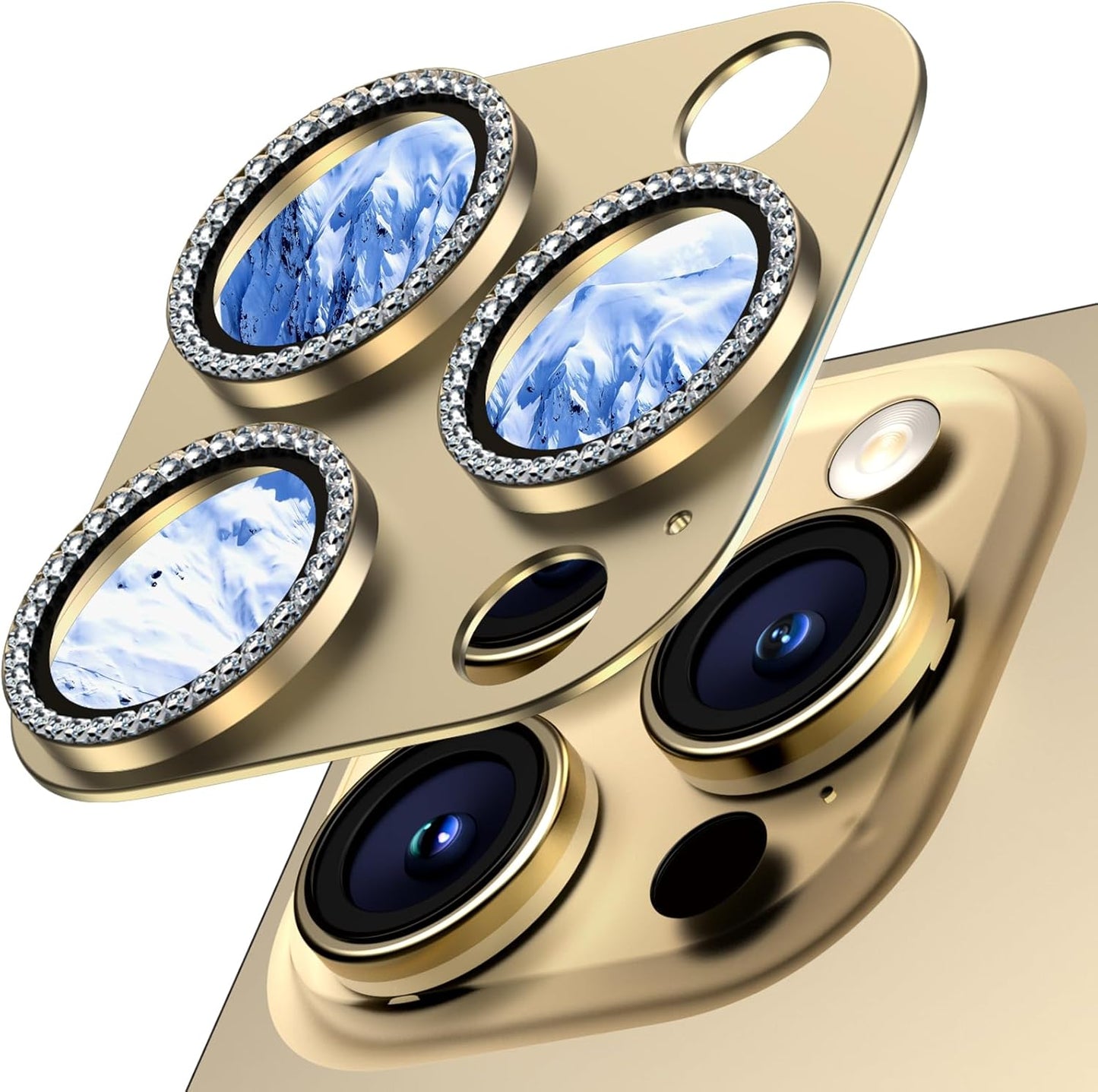 Camera Lens Protector for iPhone 16 Pro Max/16 Pro/iPhone 15 Pro Max/15 Pro/iPhone 14 Pro Max/14 Pro, Aluminum Alloy Sapphire Glass Camera Screen Cover, Case Friendly- Gold Diamond
