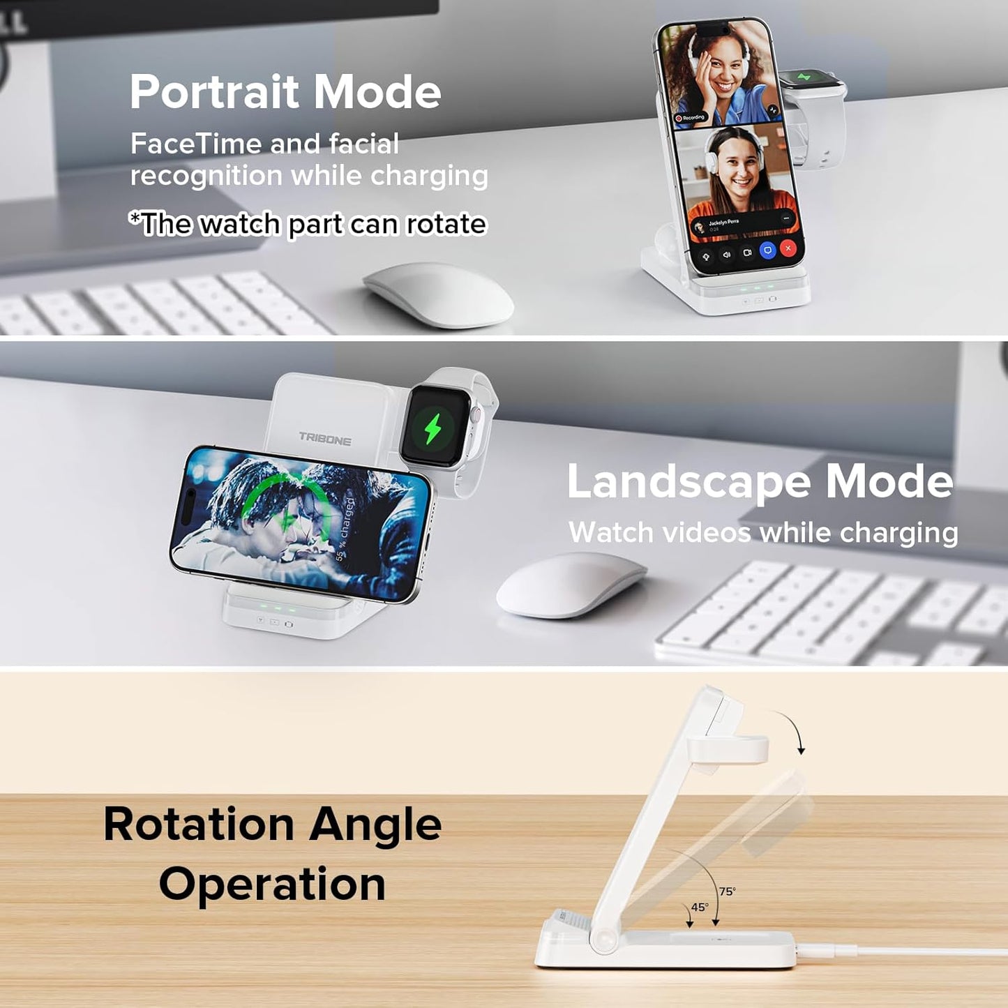 Wireless Charger, Tribone 3 in 1 Foldable Fast Charger for iPhone 16 15 14 13 12 11 Pro Max XR XS 8 Plus,for Multiple Devices，for Apple Watch 10 9 8 7 6 5 4 3 2 SE Ultra,for AirPods Pro 4 3 2 (White)