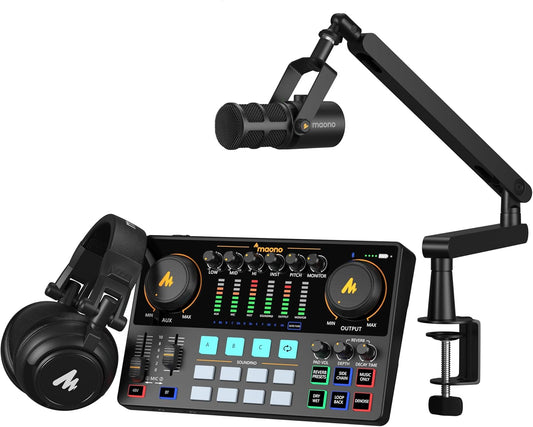 MAONO Podcast Equipment Bundle: Audio Interface mixer with Dual XLR Input for Podcast Streaming - MaonoCaster E2 Gen2 (E2 GEN2+PD400X+BA92+MH601)