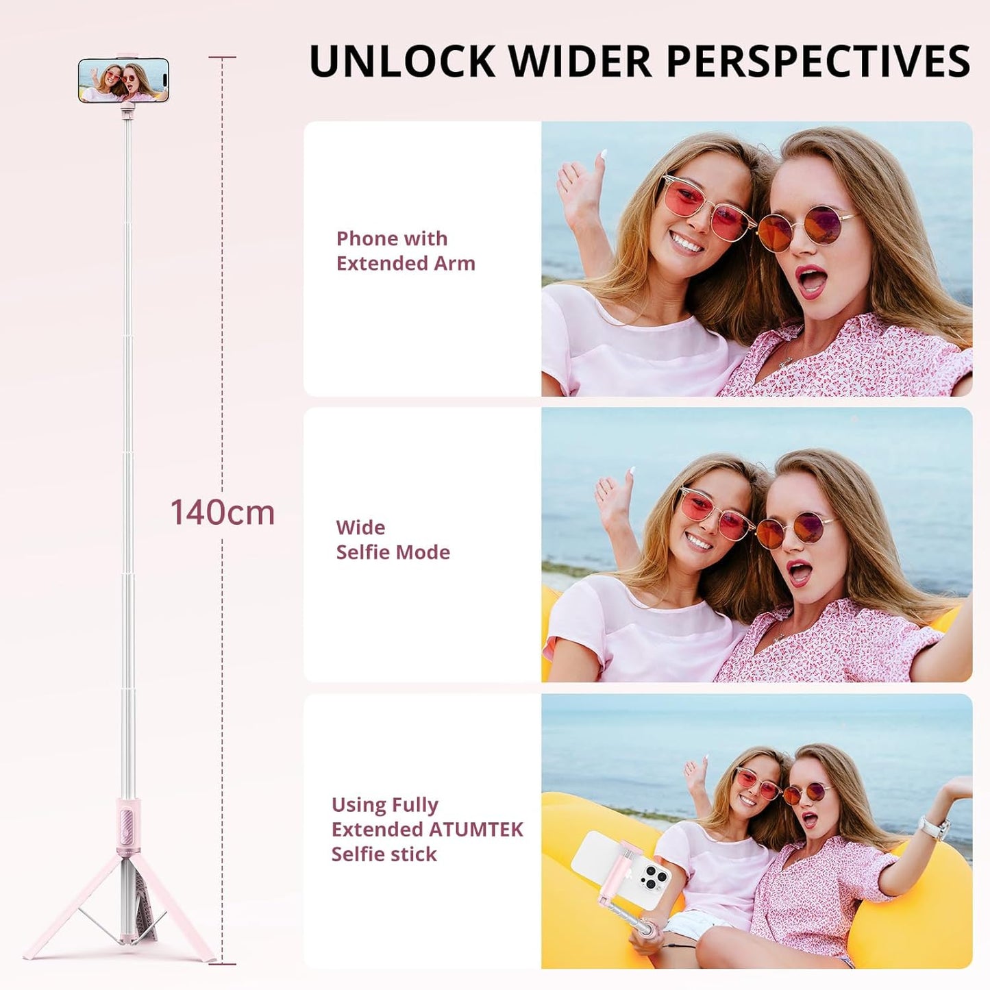 ATUMTEK 55" Selfie Stick Tripod, All-in-one Extendable Aluminum Phone Tripod with Rechargeable Bluetooth Remote for iPhone and More, Fitting 4.7-7 inch Smartphones, Pink