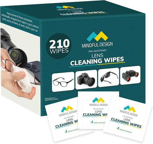 Mindful Design Lens Cleaning Wipes for Eyeglasses, 210ct - Individually Wrapped, Eye Glass Cleaning, Lens Wipes for Glasses/Sunglasses, Packaging May Vary