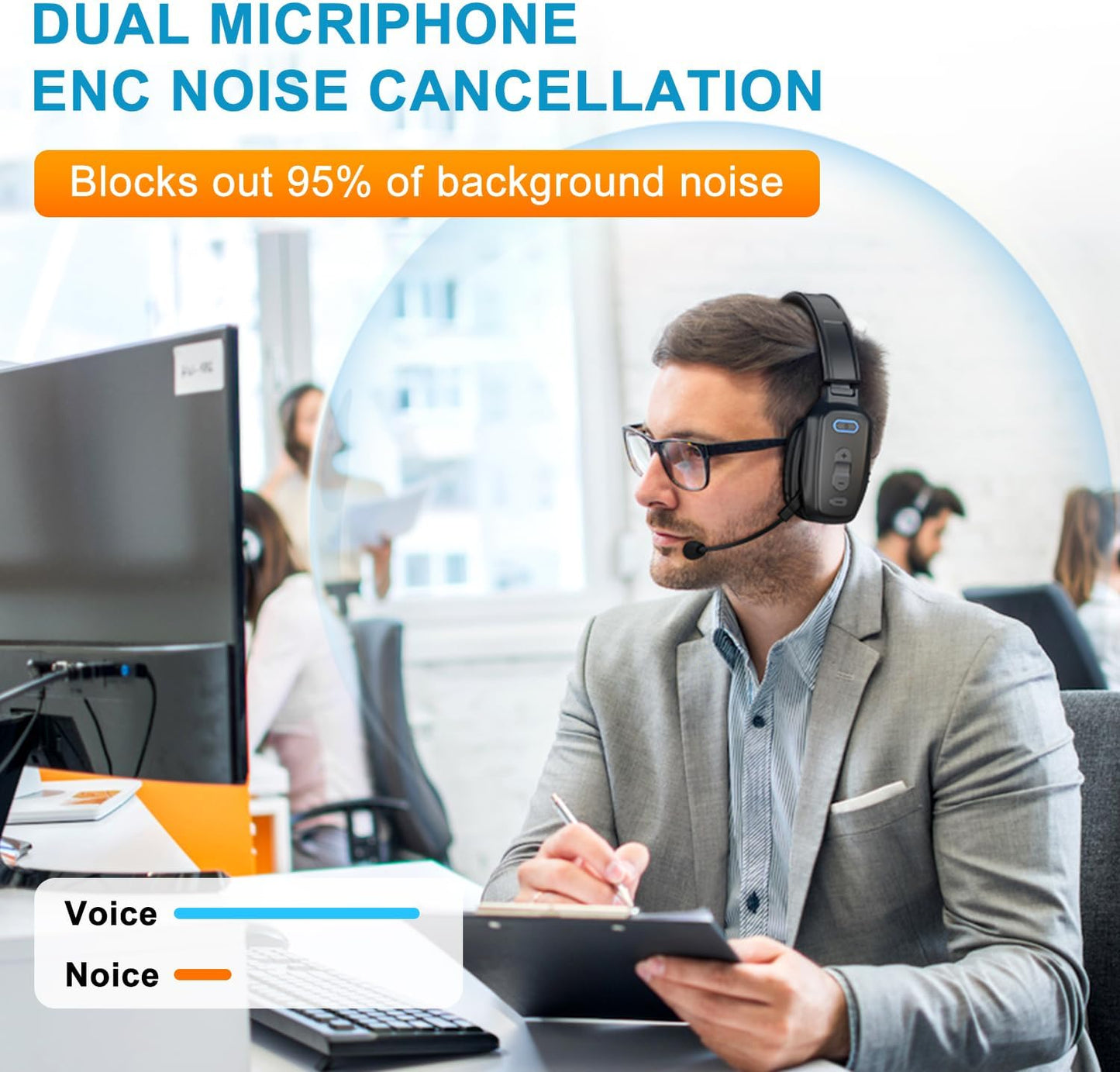 Bluetooth Headset, 60hrs Noise Canceling V5.2 Over Head Headphones, Single Ear Trucker Wireless Headset with Mic, Mute Button, Multipoint, for Phones PC Computer Truck Driver Office Work - Black