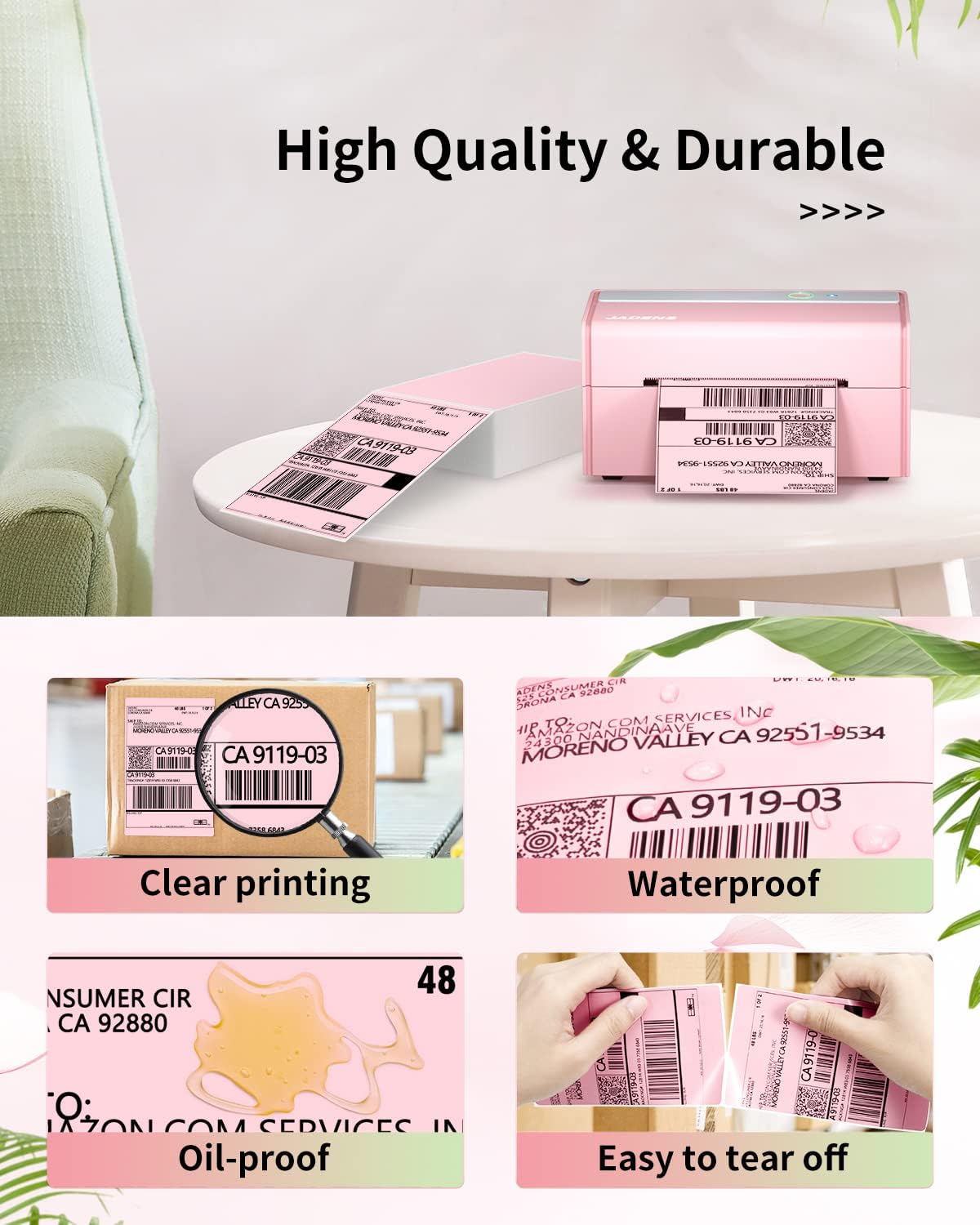 JADENS 4X6 Thermal Direct Shipping Label Compatible with JADENS MUNBYN, IDPRT, Rollo, Postage Label Paper for Small Businesses, 250 Labels/Pack, Pink