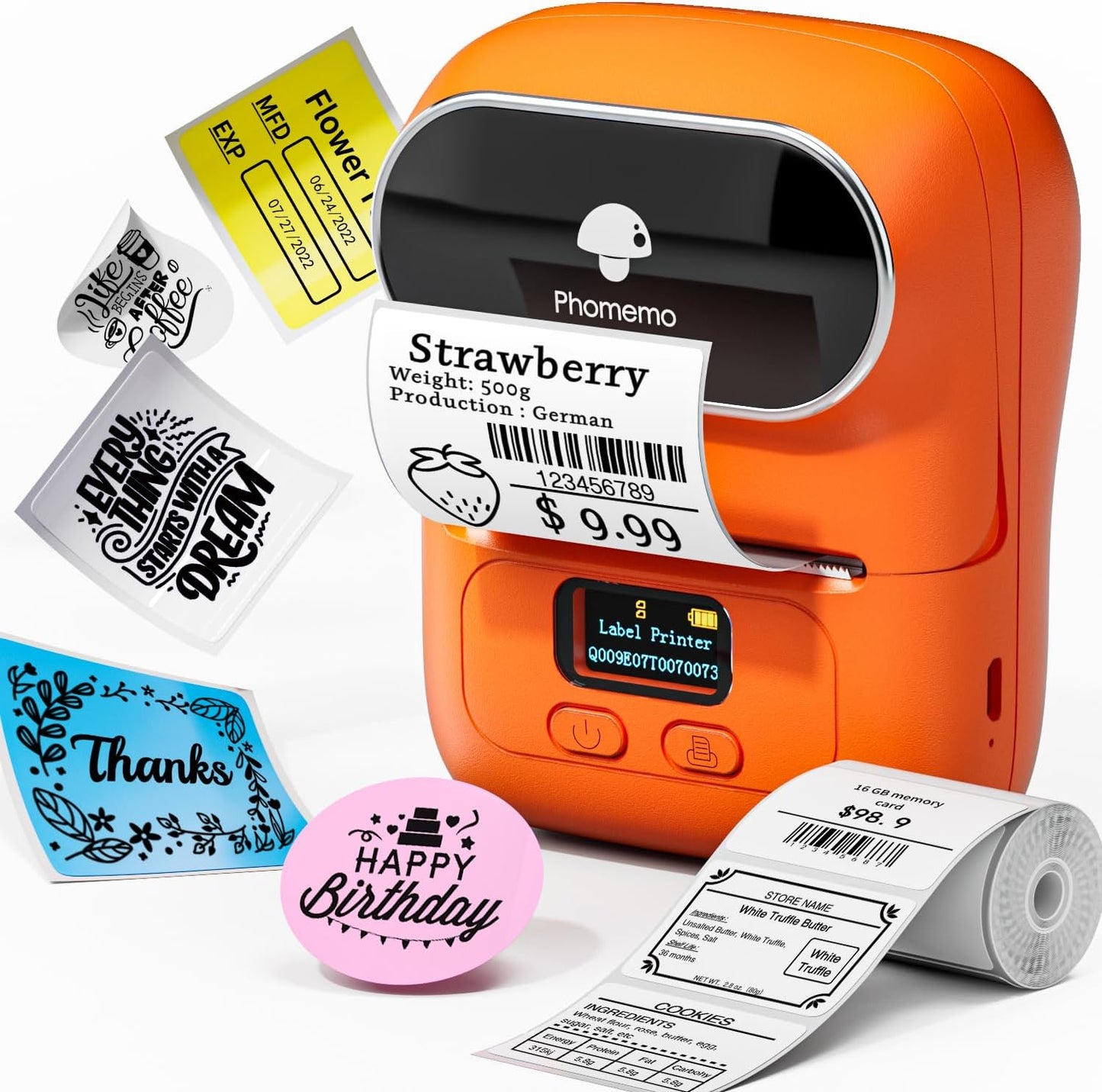 Phomemo M110 Label Maker Machine-Barcode Label Printer, Portable Sticker Maker for Price Tag, Logo,Address, Mailing, Home, Office & Small Business, Compatible with Phones&PC Orange