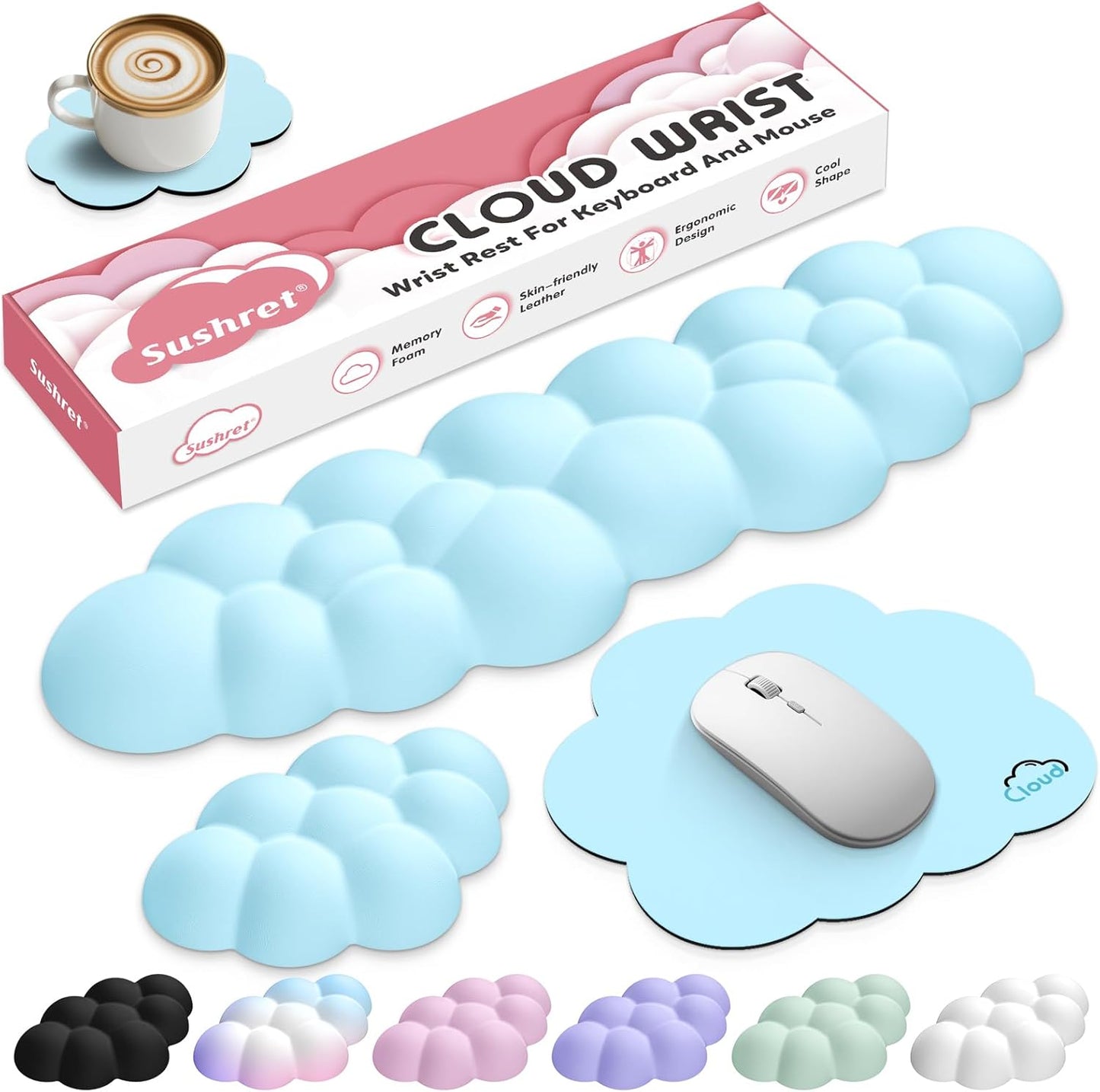 Cloud Wrist Rest for Computer Keyboard, 4-in-1 Memory Foam Leather Cloud Keyboard Wrist Rest and Mouse Pad Set with Ergonomic Support for Arm and Palm Cushion, Gaming/Work Setup, Blue