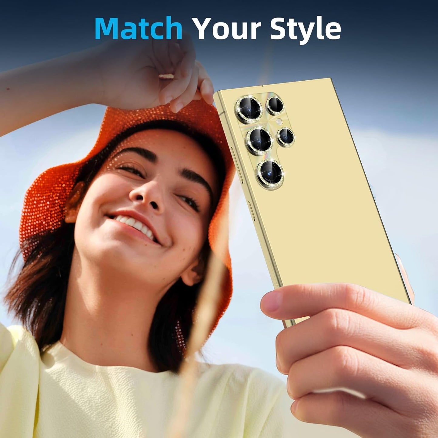 YWXTW Camera Lens Protector for Samsung Galaxy S24 Ultra, [Lithography Laser Gradient] [5X Strengthen] Bling Glitter Tempered Glass Screen Protector Metal Ring Camera Lens Cover (Titanium Yellow)