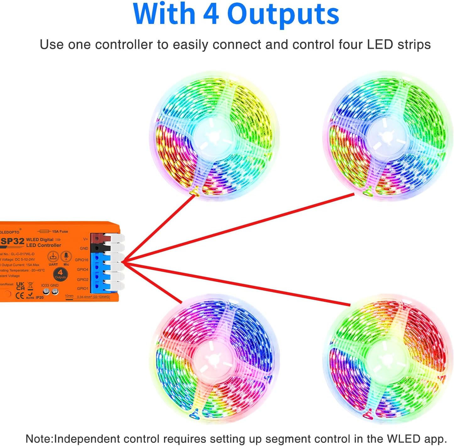 ESP32 WLED LED Strip Light Controller 4 Channel Output 15A Fuse Link Level Shifter UART Download DIY Dynamic Lighting Mode APP Voice Control for Digital WS2811 WS2812 WS2815 SK6812 RGB IC String