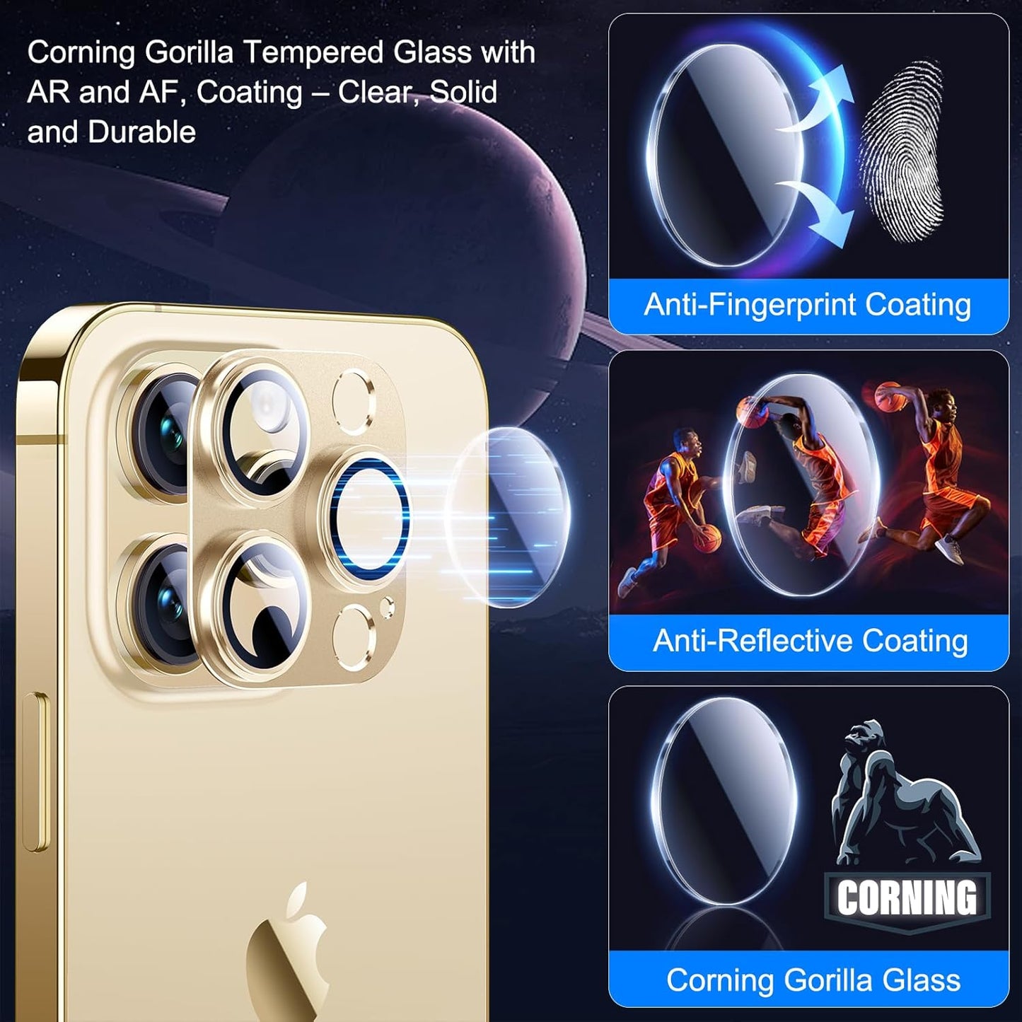 Esanik 2023 Upgrade 2 Pack for iPhone 14 Pro/iPhone 14 Pro Max Camera Lens Protector, Aluminum Alloy Metal matte Case Tempered Glass Camera Screen Cover, Scratch Resistant Case Friendly (Gold)