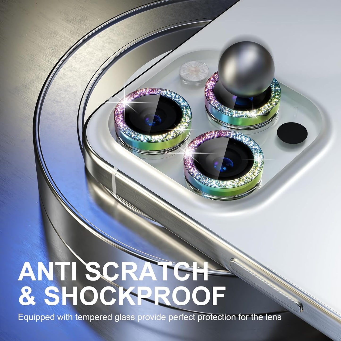 Choiche Compatible for iPhone 15 Pro/iPhone 15 Pro Max Camera Lens Protector Bling, 9H Tempered Glass Camera Cover Screen Protector Metal Ring Decoration Accessories (Glitter-Colorful)