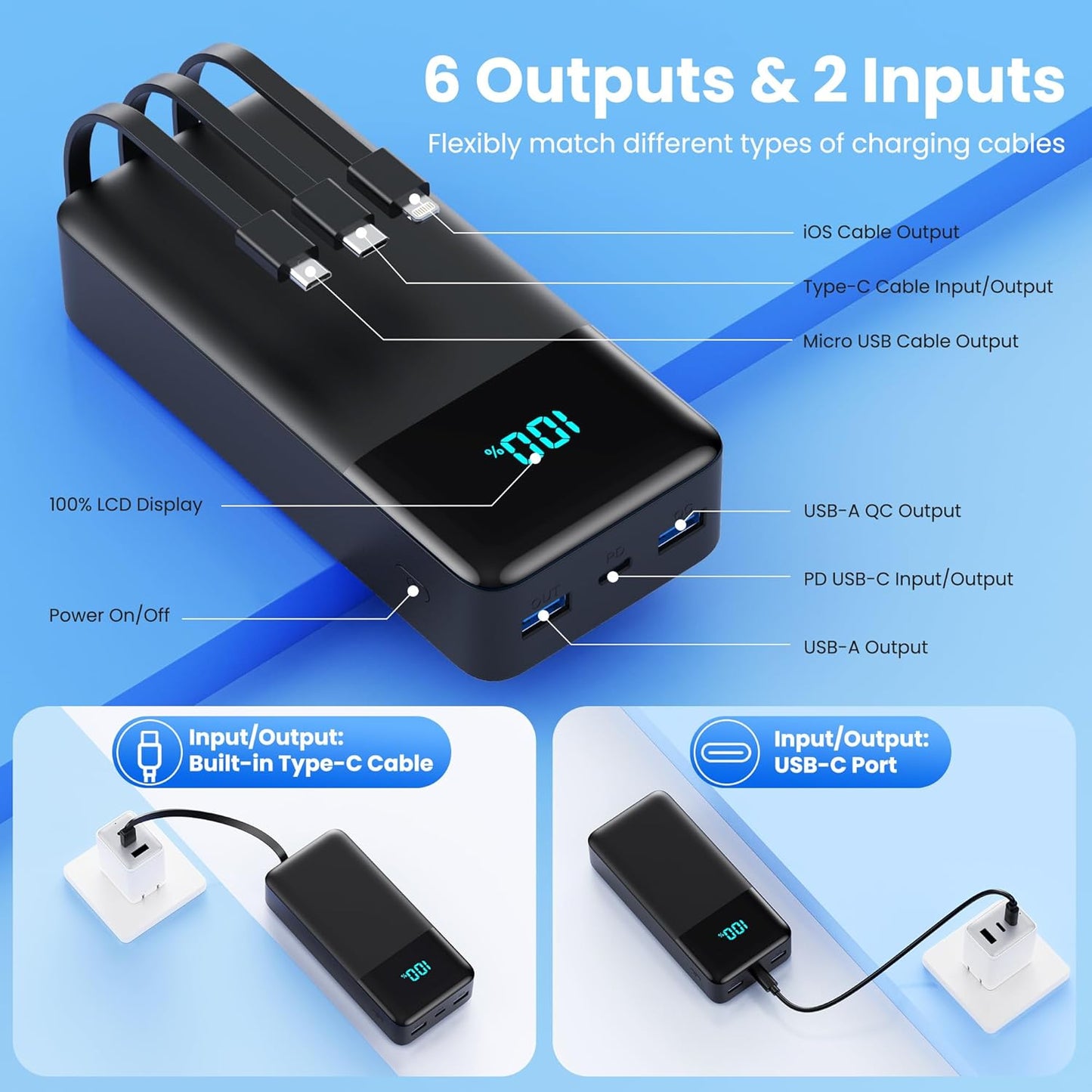 Portable Charger 50800mAh Power Bank with 3 Built-in Cable,25W PD USB C in&Out Power Bank Fast Phone Charging,QC4.0 LED Display Portable Battery Pack Compatible with iPhone 16/15, Galaxy Android-Black