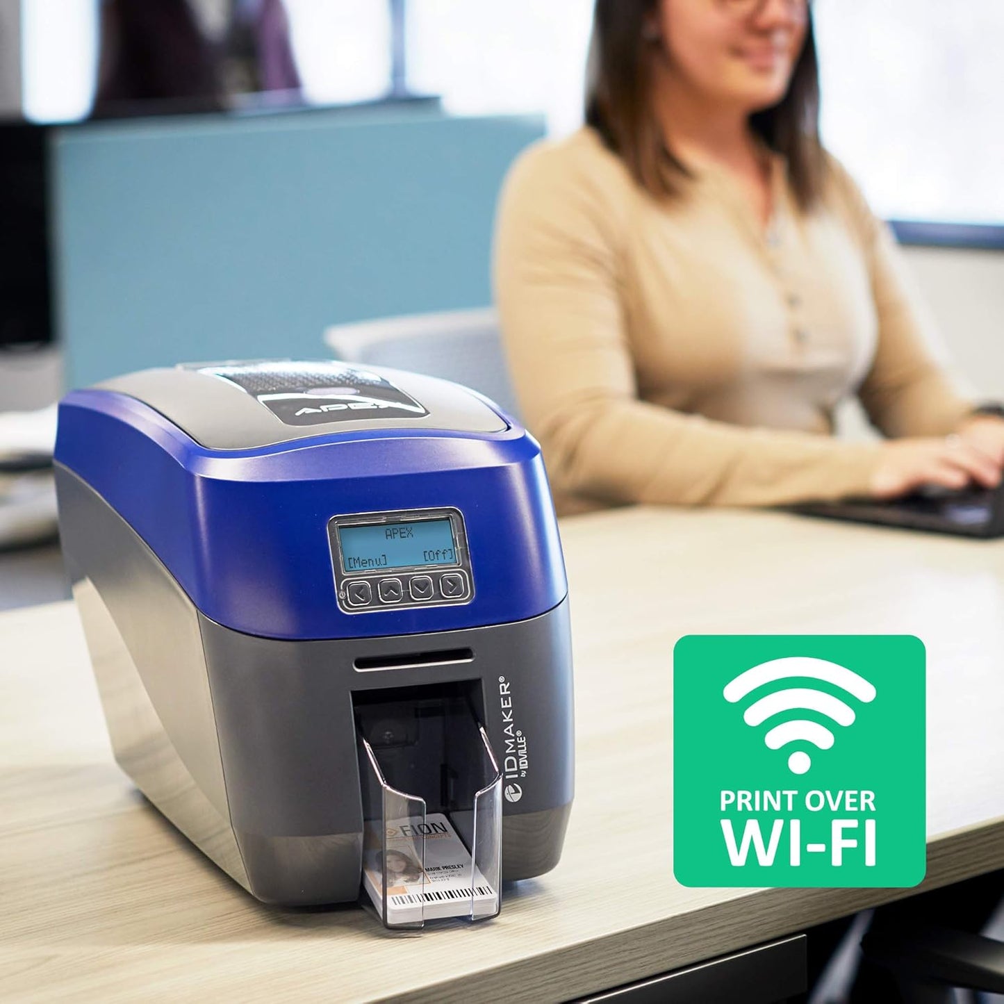 ID Maker Apex 2 Sided Card Printer Machine & Supply Kit for Badge Printing - Print Professional Quality Identification Badges - IDMaker Software, 300-Print Color Ribbon, 100 PVC Cards