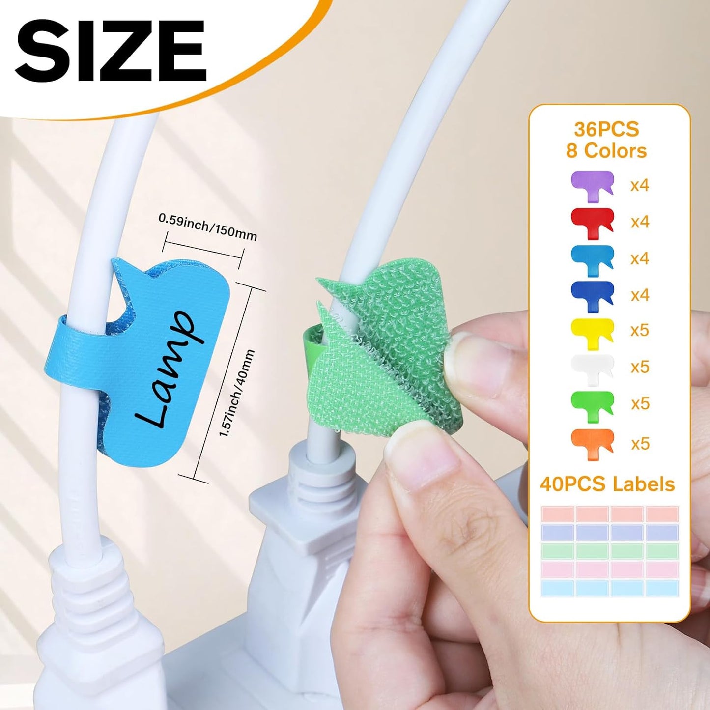 36Pcs Large Cable Cord Labels - 8 Colors Reusable Write-On Wire Tags, Cord Identification Labels for Electronics, with 40Pcs Label Stickers, Cable Management for Home, Office, Oval