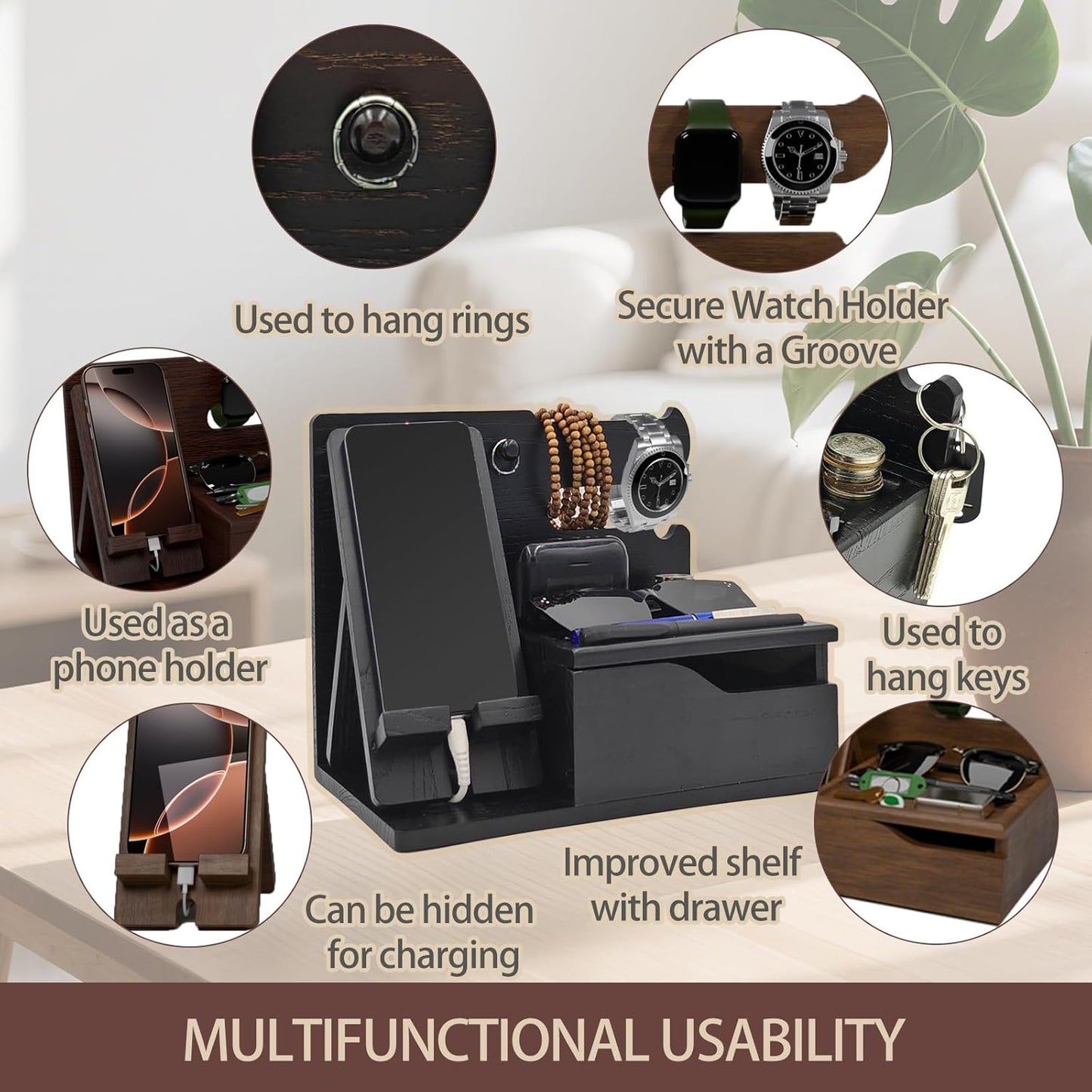 3-in-1 Wood Phone Docking Station Organizer with Drawer & Hidden Charging Hole for Phone, Keys, Glasses & Accessories, for Men (Black, 01)