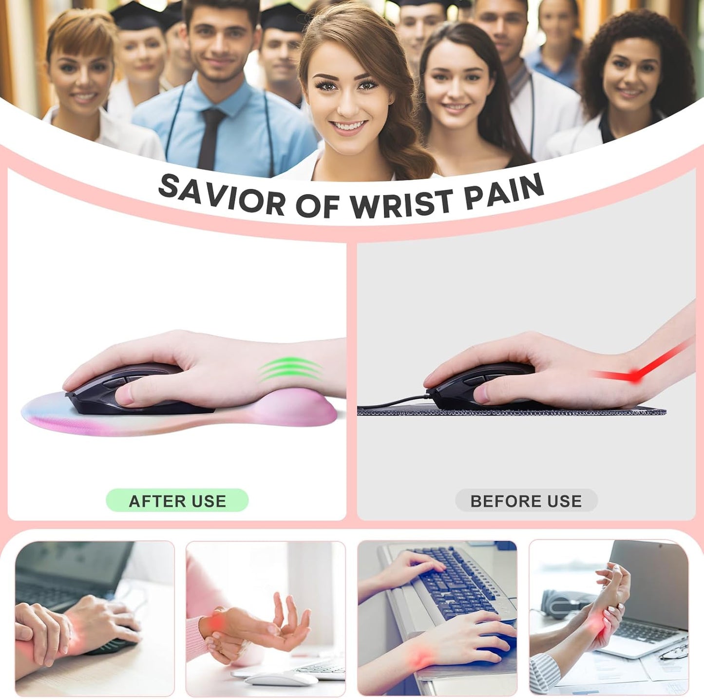 JIKIOU Mouse Pad, 2 Pack Ergonomic Mouse Pads with Comfortable Gel Wrist Rest Support and Smooth Cloth, Non-Slip PU Base for Easy Typing Pain Relief Durable and Easy to Clean Small Rainbow