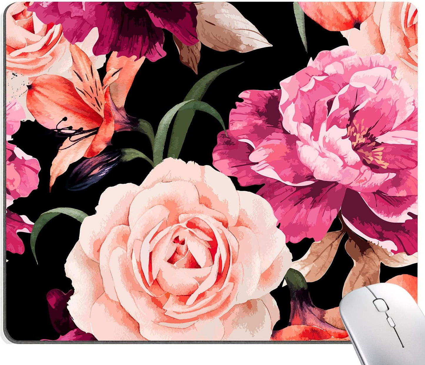 Watercolor Rose Flower Mouse Pad, Floral Mouse Pad Custom Design, Square Waterproof Mouse Pad Non-Slip Rubber Base MousePads for Office Laptop, 9.5x7.9x0.12 Inch