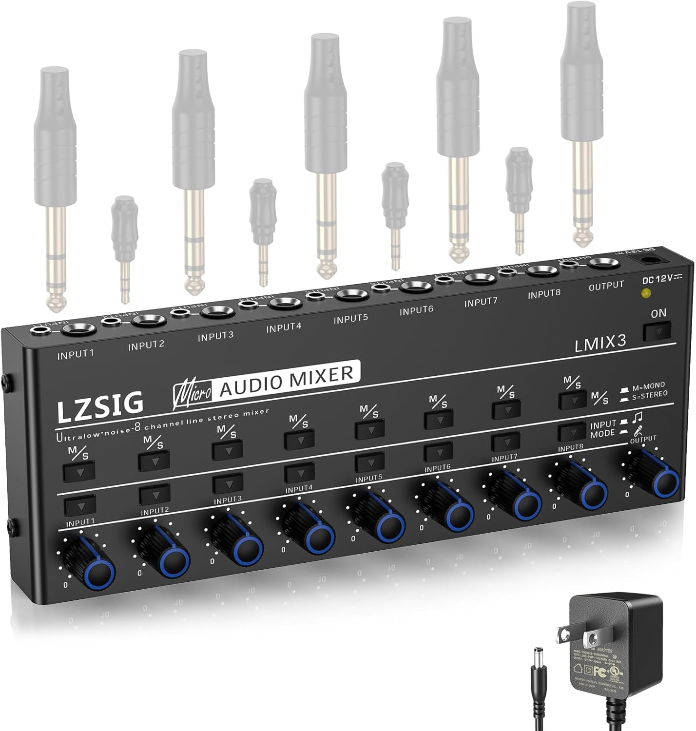 LZSIG Audio Mixer, Stereo Line Mixer for Sub-Mixing, Ultra Low-Noise, 8-Channel, Dynamic Microphone Independent Control, 1/4" & 1/8" TRS Output and Input, for Guitars,Bass,Keyboards