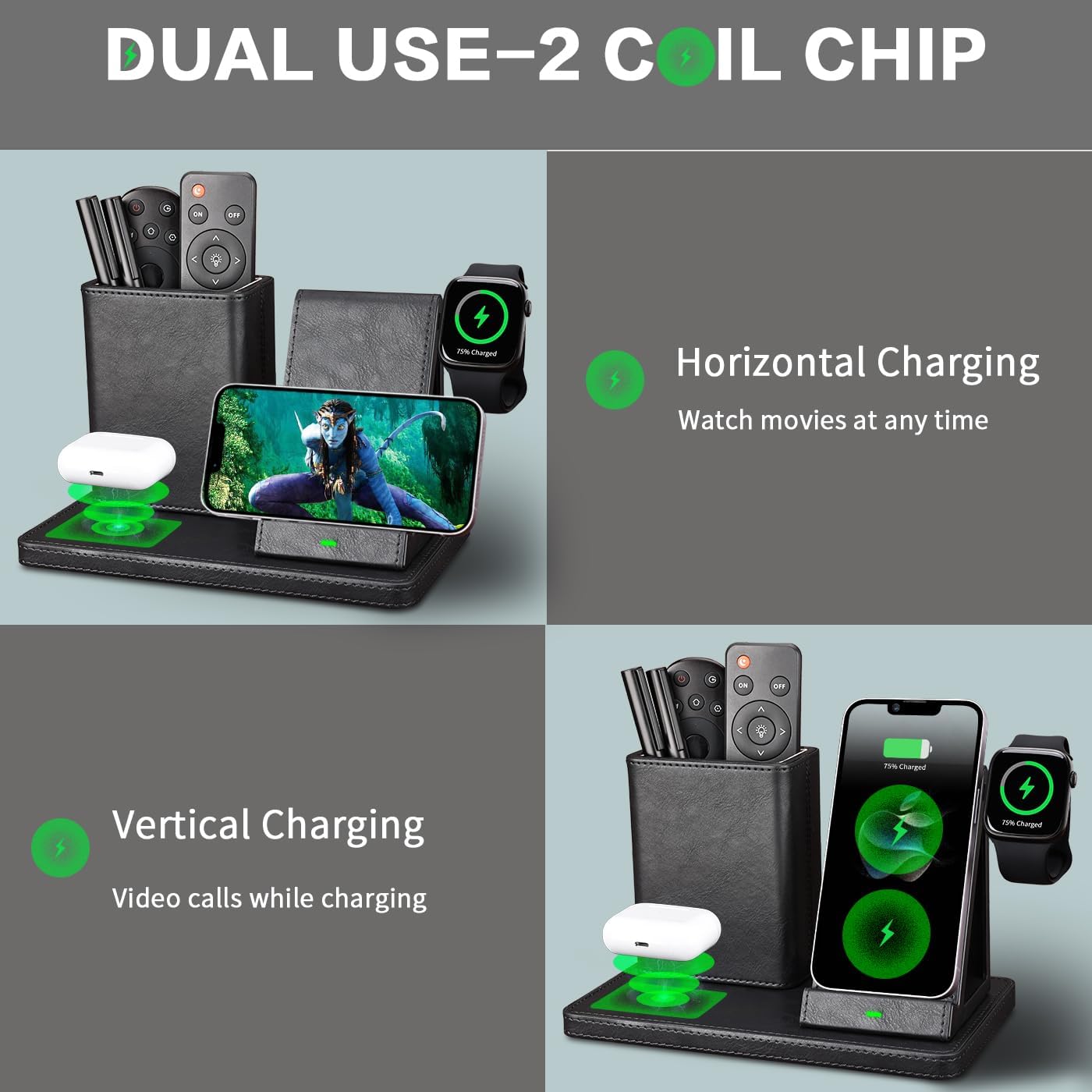 White Leather Pen Holder Desk Organizer with 3-in-1 Wireless Charger for Phone, Earbuds, Watch - Desktop Phone Stand,Birthday Gifts for Women,mom Gifts (Black)