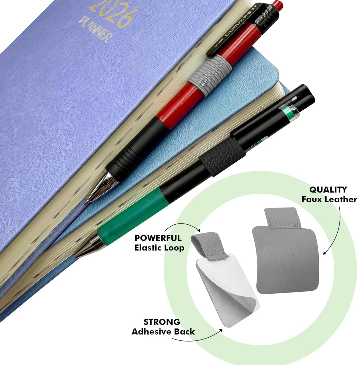 Pen Loop Holder for Notebook 12 Pack Self-Adhesive Stick On Pen Holder with Extra 2 Pens Clips 1 Leather Bookmarks As COMBO for Planner Journal Tablet Clipboards Calendars Bible Campus School Office