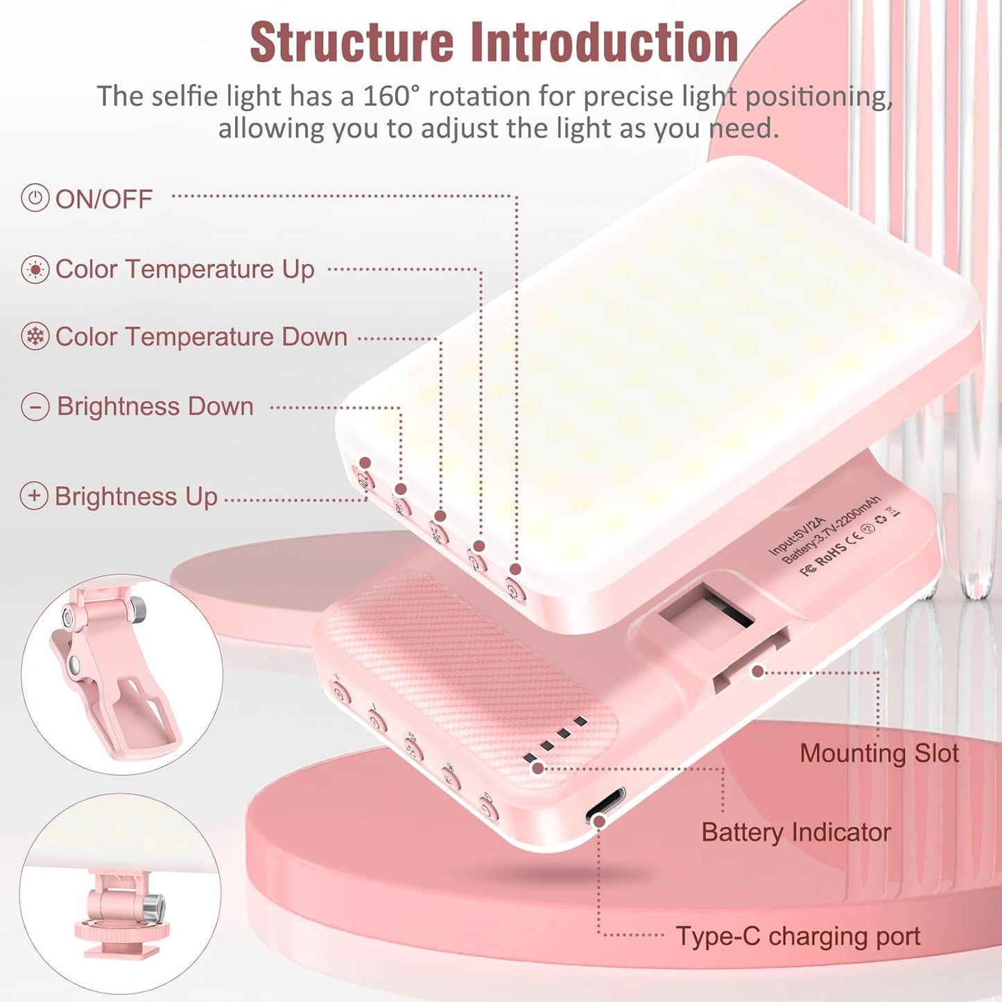 60 LED Portable Selfie Light Video Conference Lighting with Clip & Camera Tripod Adapter Rechargeable 2200mAh CRI 97+, 9 Light Modes for Phone iPhone Webcam Laptop Photo Makeup
