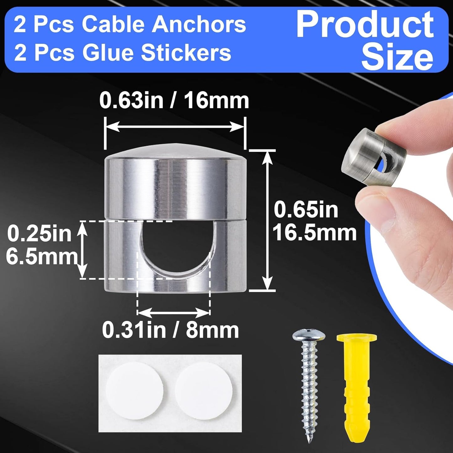 2 Sets Charger Holders for Cords, Silver Adjustable Cable Anchor Holders, Adhesive Metal Cord Clips, Cable Management Wire Organizers for Desk, Office, Nightstand