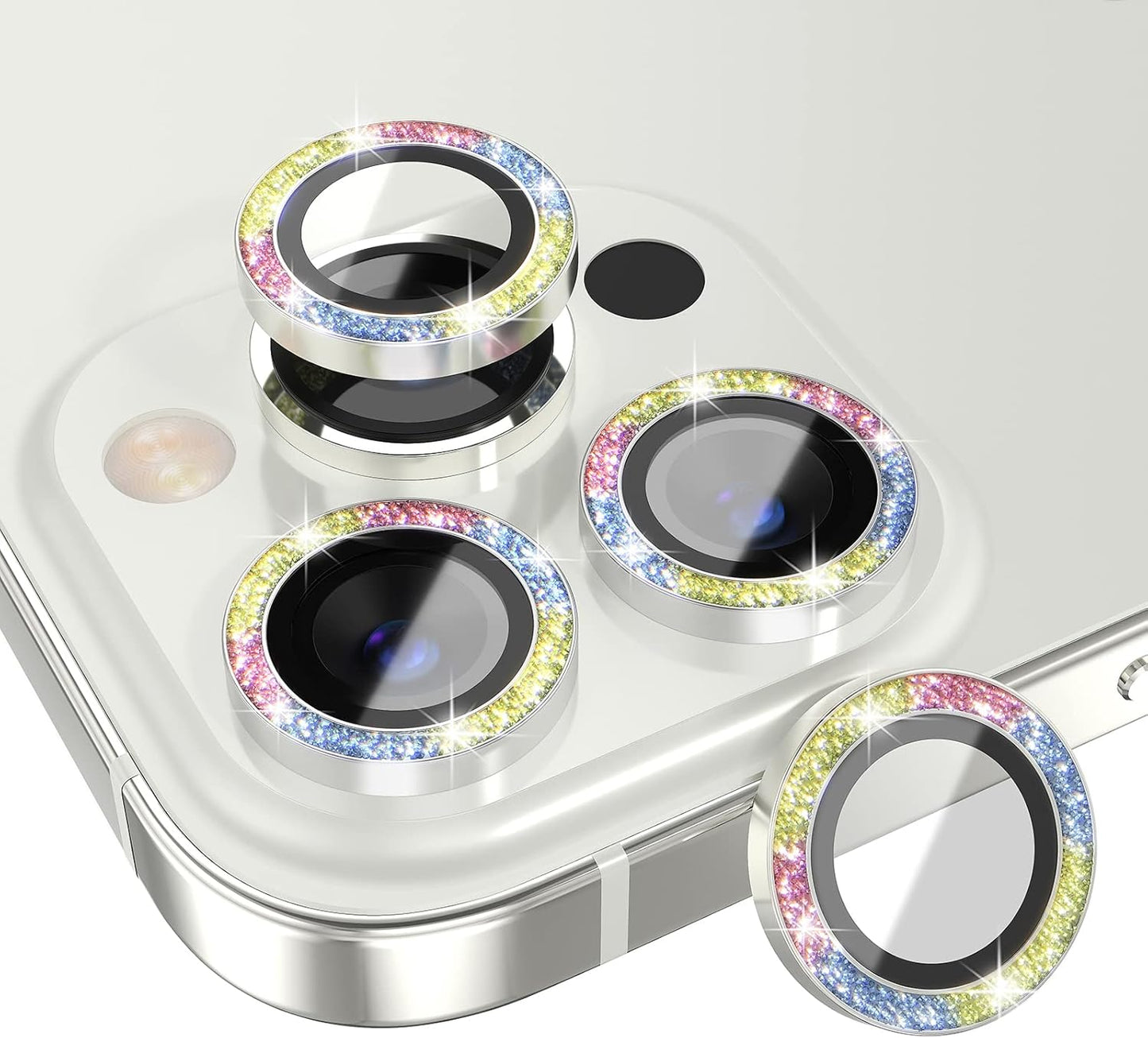 Choiche [3+1 for iPhone 13 Pro/iPhone 13 Pro Max Camera Lens Protector Bling, 9H Tempered Glass Camera Cover Screen Protector Metal Ring Decoration Accessories (Glitter-Colorful)